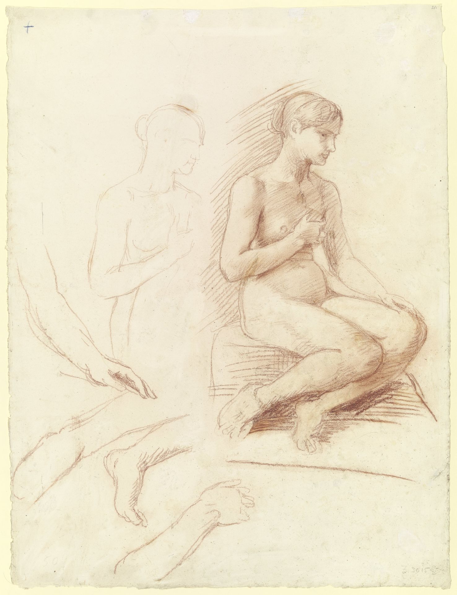 Weiblicher sitzender Akt, daneben Bein- und Armstudien by Hans von Marées