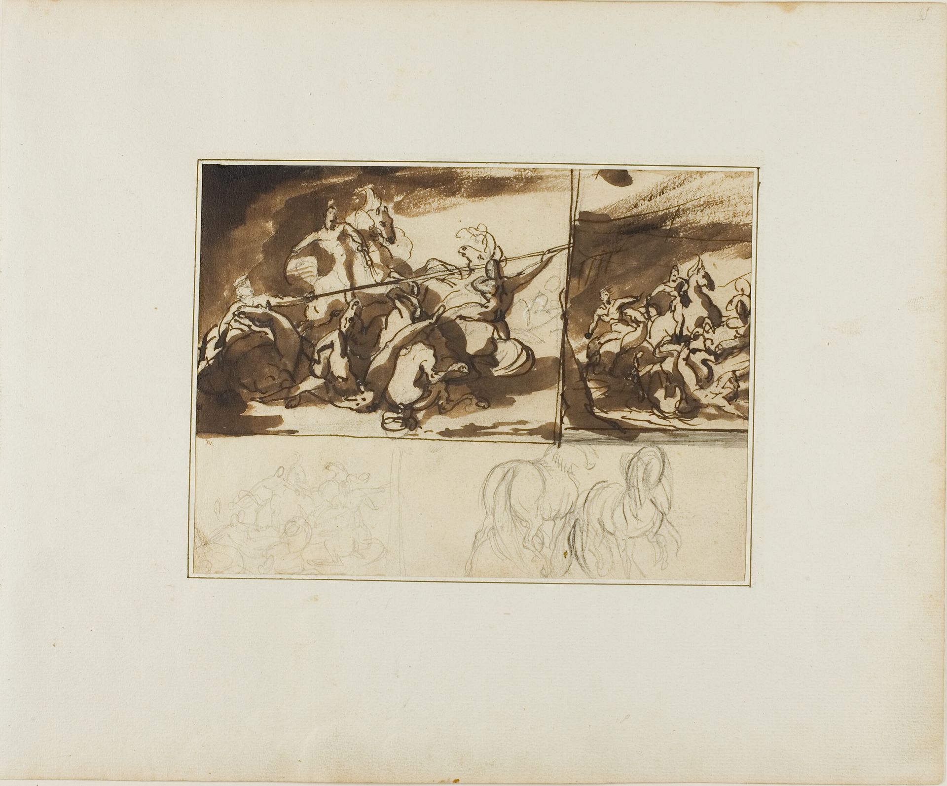 Three Sketches of an Equestrian Battle and a Sketch of Two by Théodore Géricault