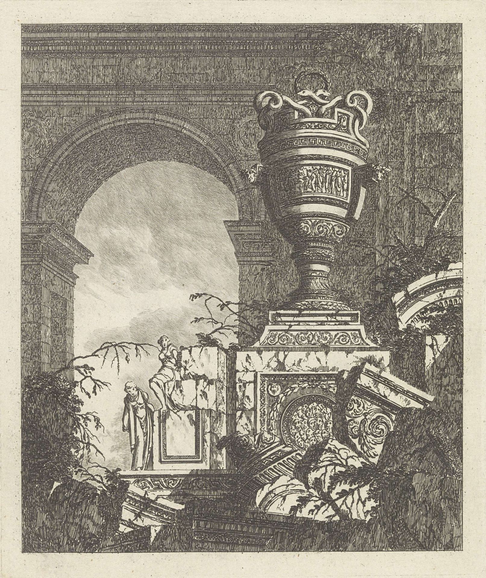 Architectuurfantasie met groteske vaas by Jean Laurent Legeay