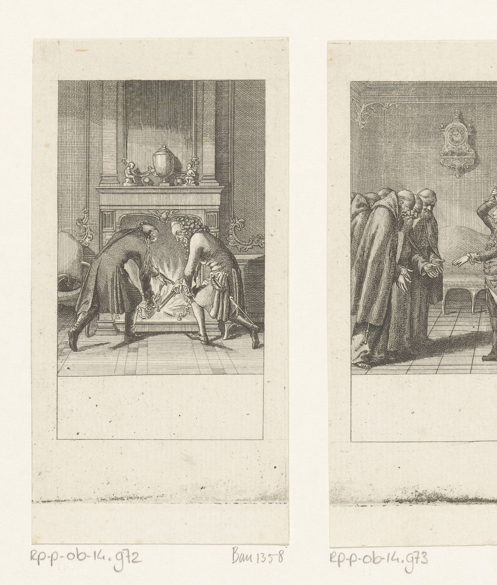 Friedrich II en Voltaire redden het blijspel uit het vuur by Daniel Nikolaus Chodowiecki