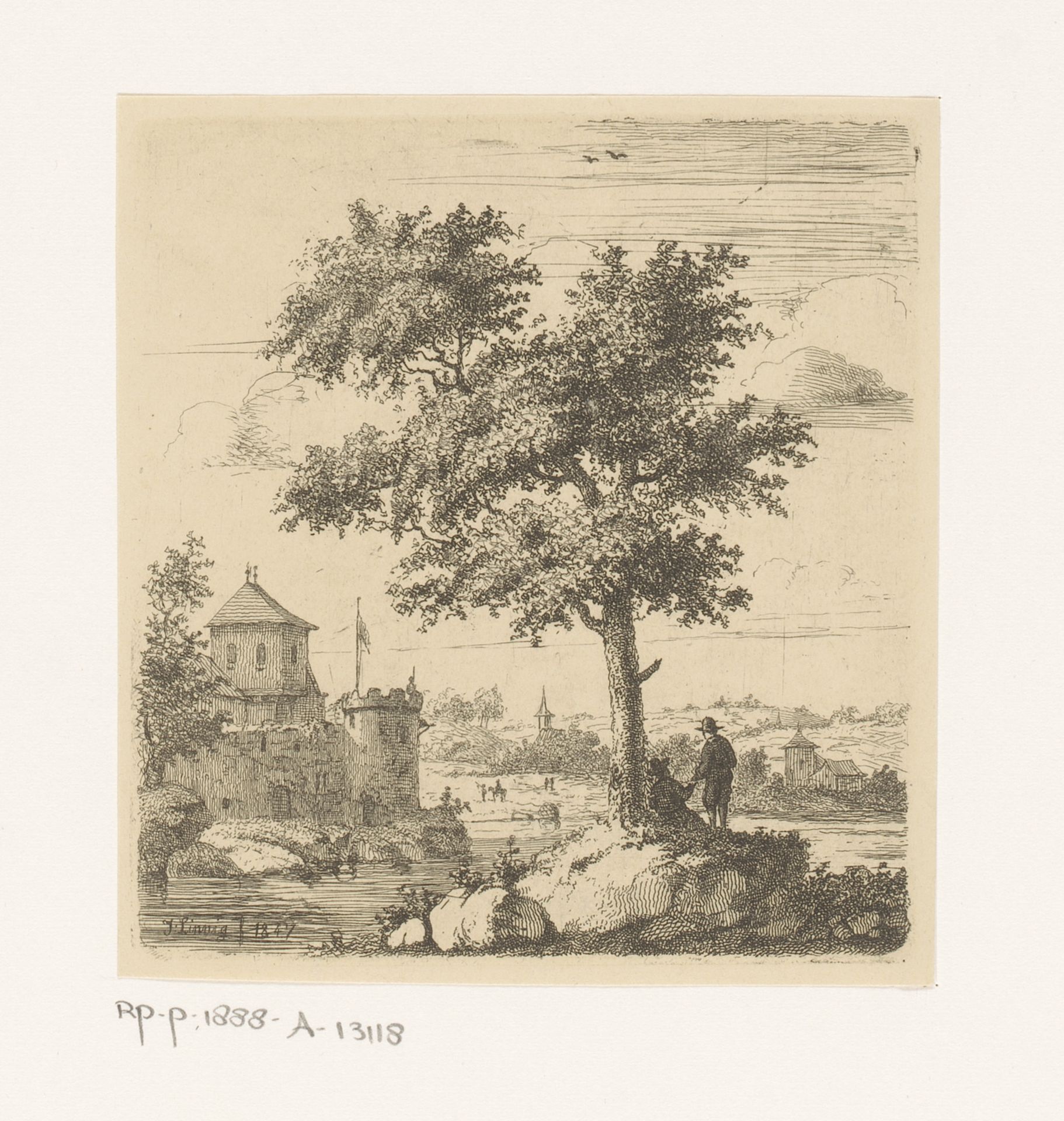Gezicht langs de Rijn met een fortificatie en twee gebouwen by Jean Théodore Joseph Linnig