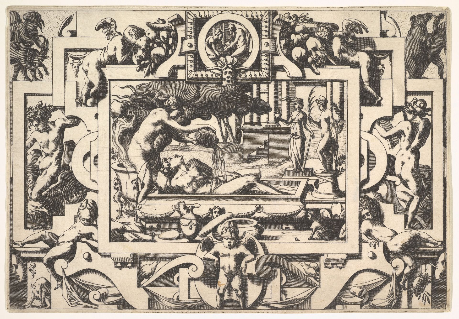 Medea Pours a Magic Potion over Jason (Le roi Aeson tant caduque et chénu en une cuve elle couche tout nu...), from "Jason and the Golden Fleece" by René Boyvin