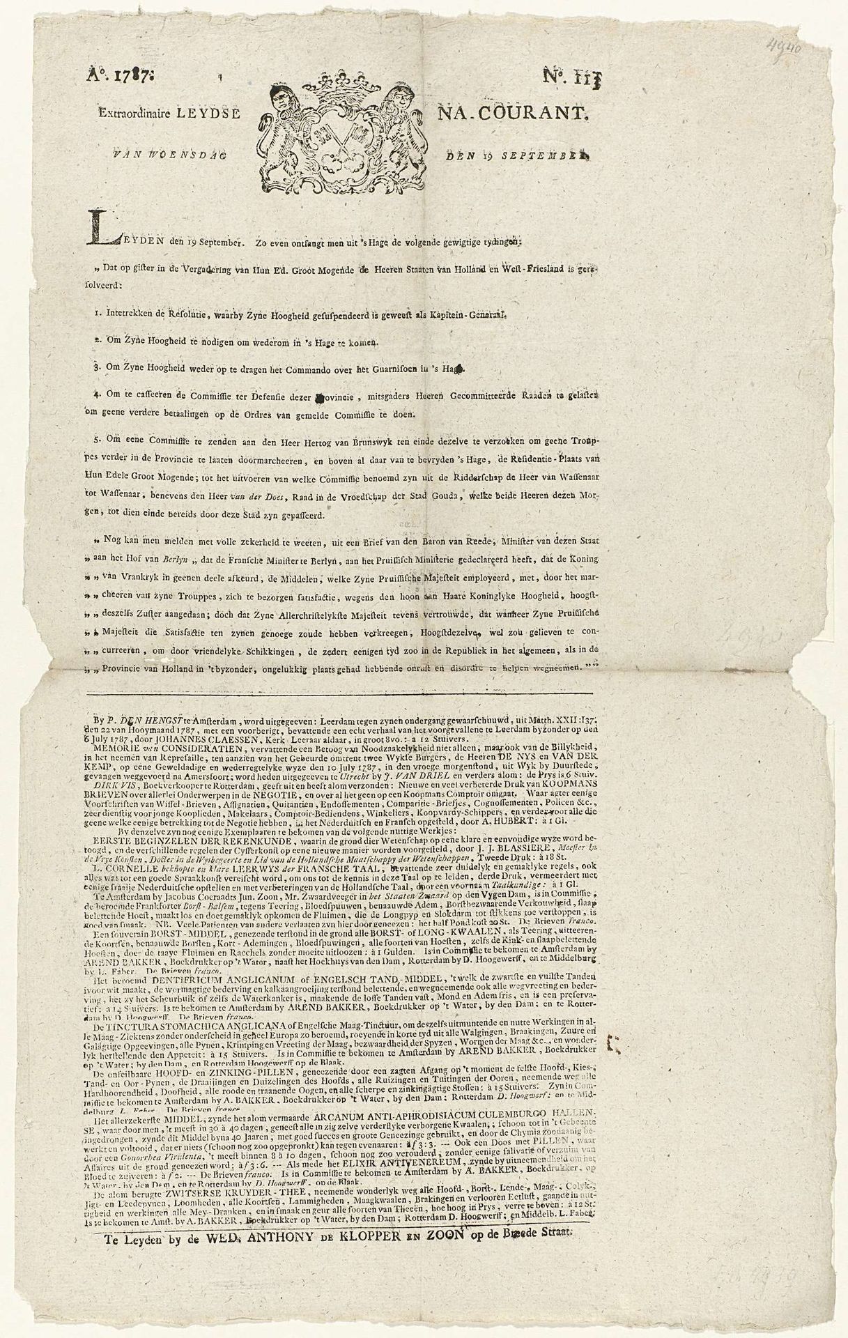 Aflevering van de Extraordinaire Leydse Na-Courant 19 september 1787 by weduwe Anthony de Klopper en Zoon