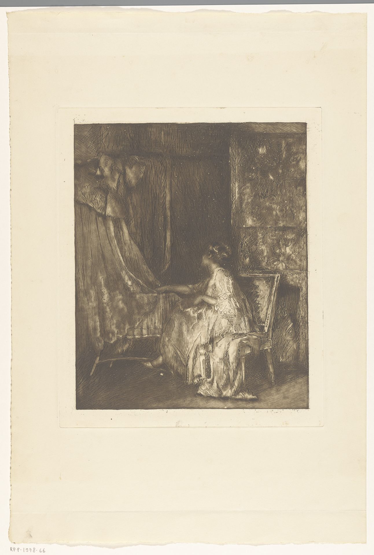 Vrouw die op een stoel naast een wieg zit by Albert Roelofs