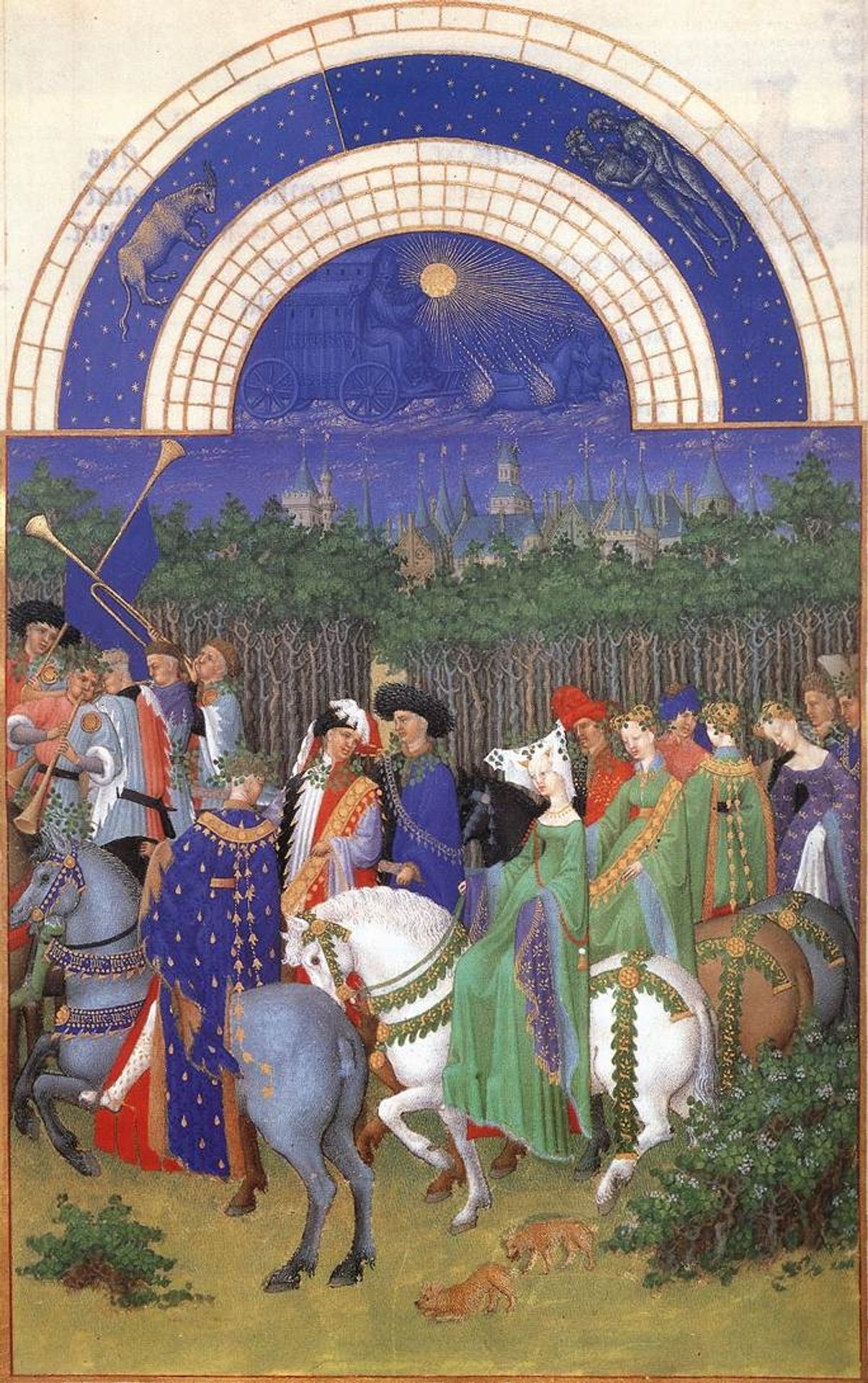 Calendar: May (Celebrating May Day Near the Town of Riom in the Auvergne) by Limbourg brothers