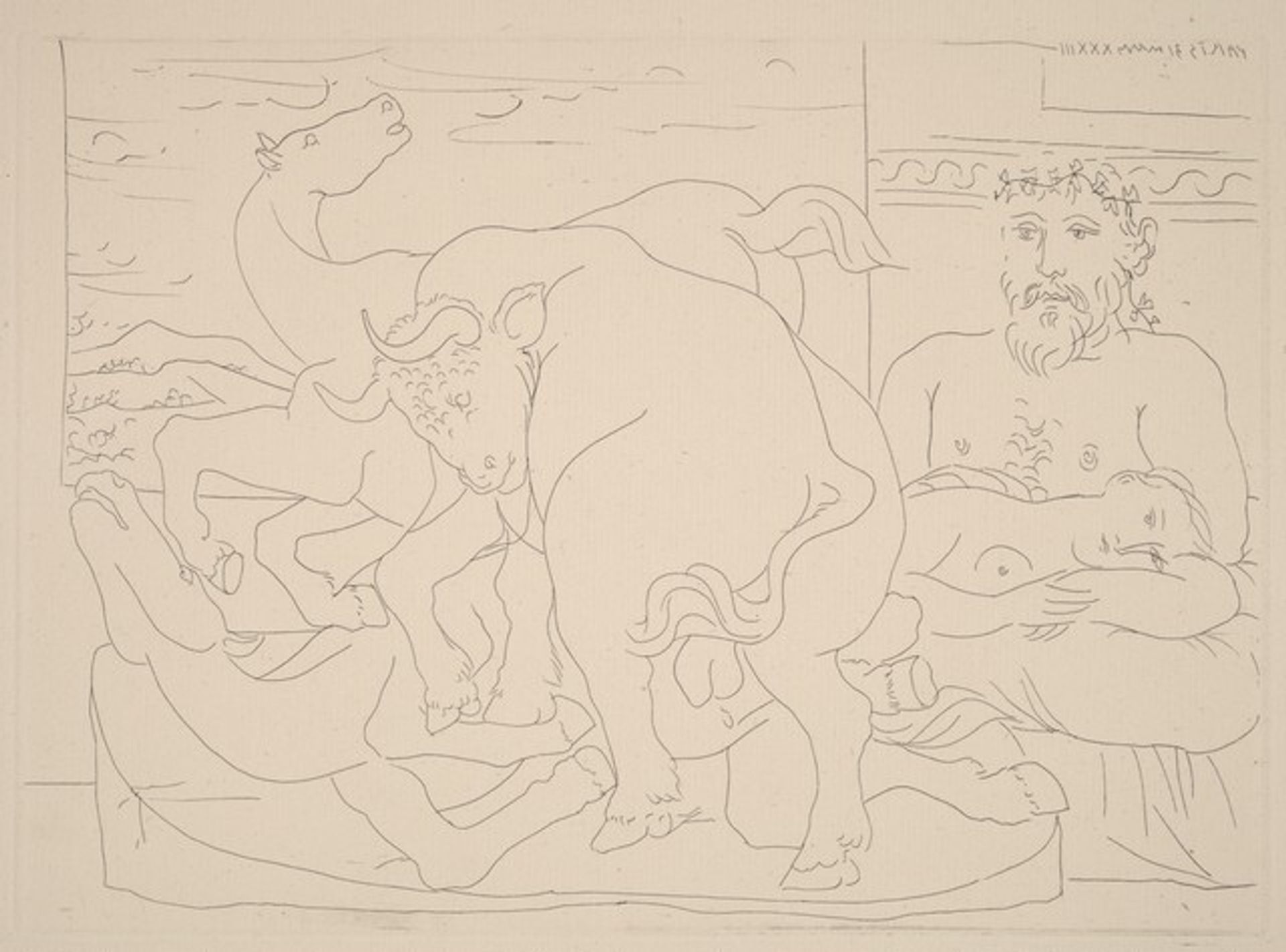 Sculptor and Model with a Sculpture Representing a Bull Attacking Horses (Sculpteur et son modèle avec un groupe sculpté représentant un taureau attaquant des chevaux) by Pablo Picasso