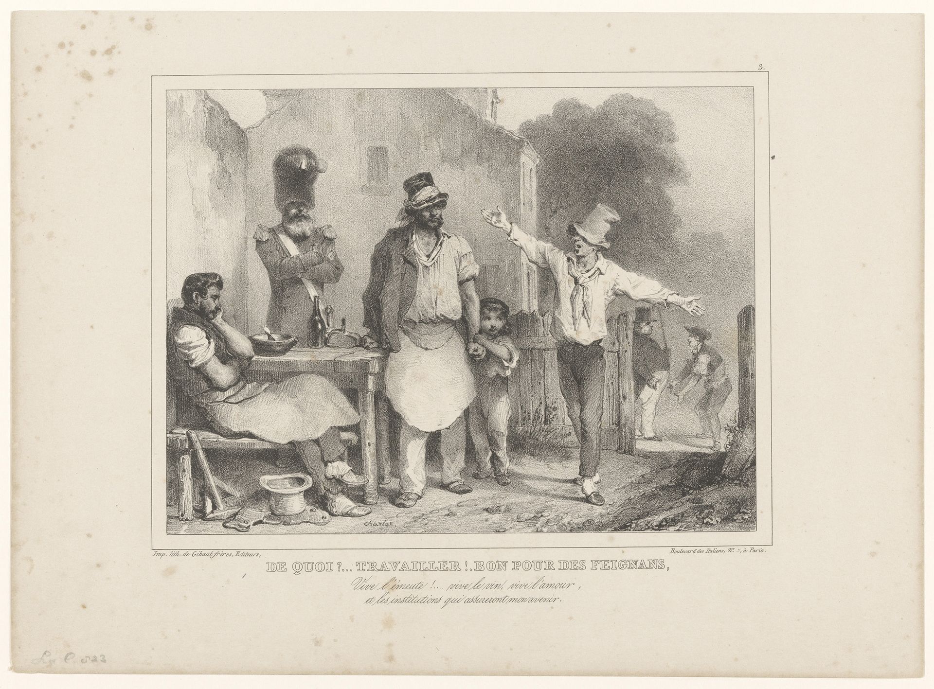 Vrijbuiter stoort twee arbeiders, een soldaat en een kind bij de maaltijd by Nicolas Toussaint Charlet