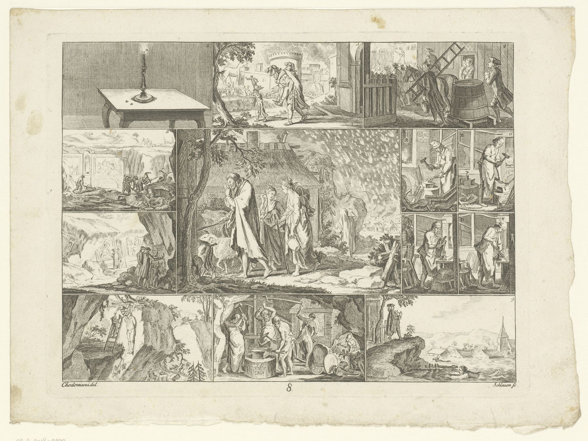 Blad met uiteenlopende encyclopedische voorstellingen by Johann David (I) Schleuen