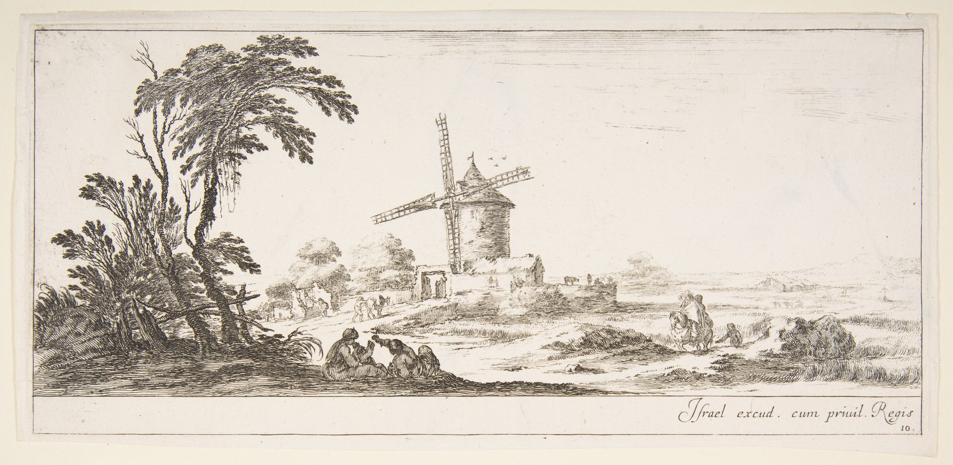 Plate 10: a family in center foreground, various figures and horses in middleground, a windmill in center background, from 'Various landscapes' (Divers paysages) by Stefano della Bella