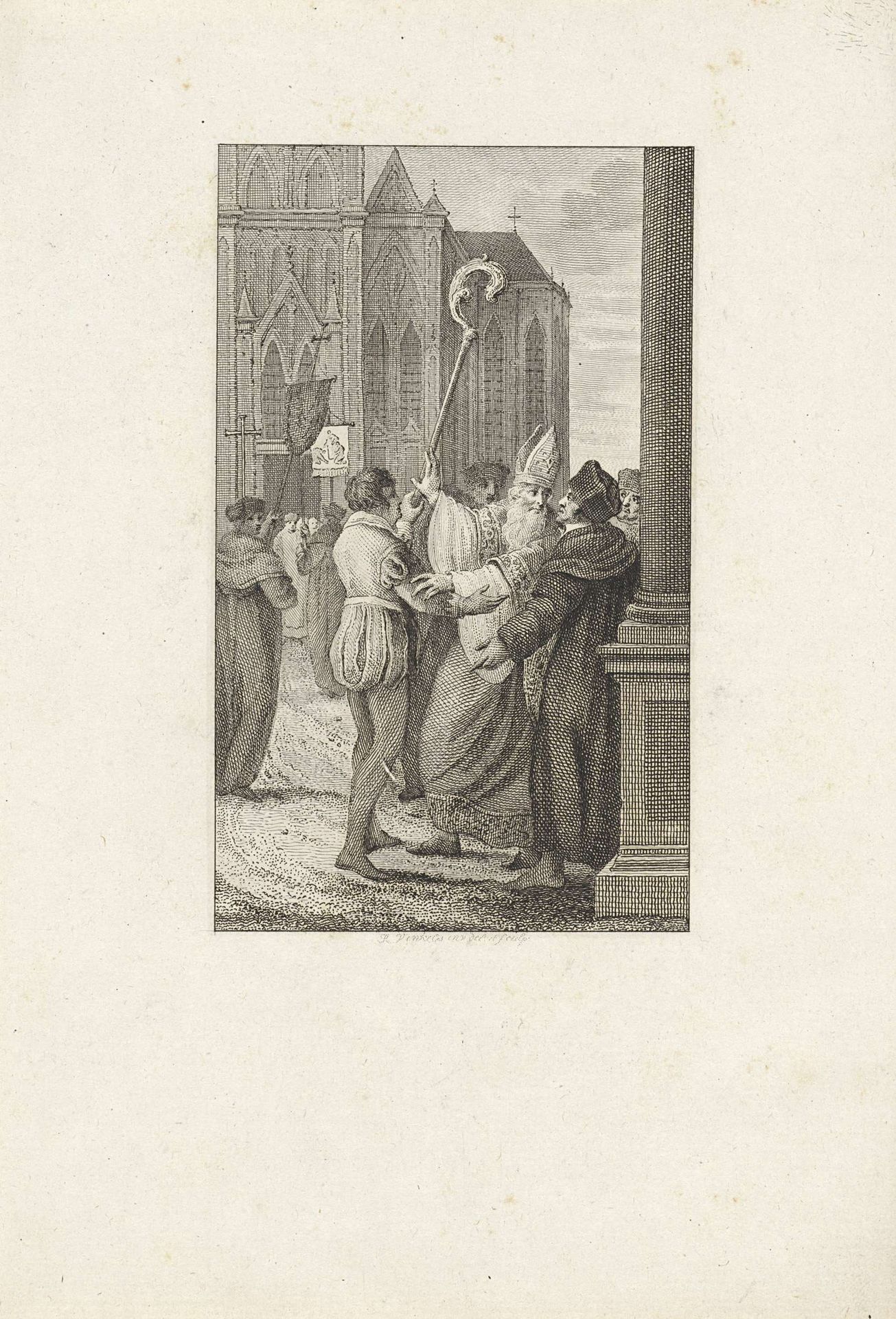 Anselmus krijgt de bisschopsstaf in zijn handen gedrukt by Reinier Vinkeles