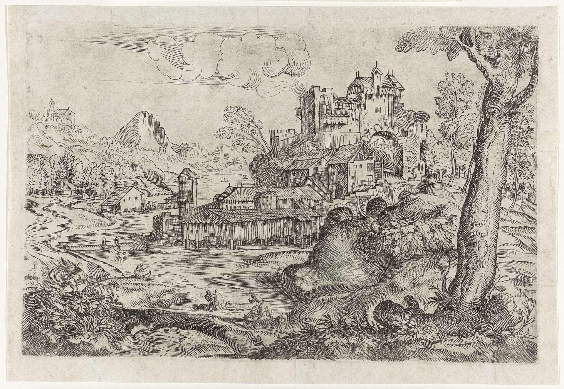 Landschap met rivier en kasteel by Angelo Falconetto