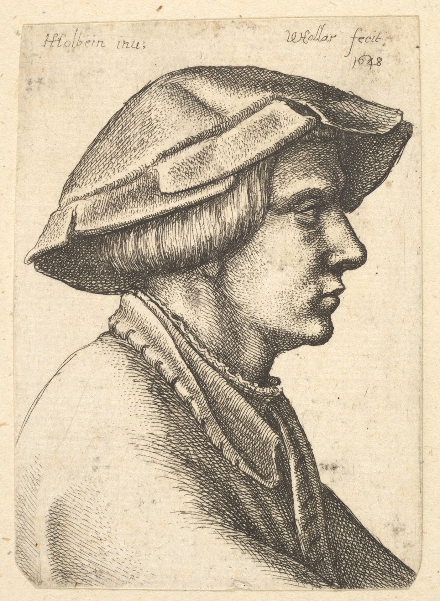 Head of young man wearing hat in profile to right by Wenceslaus Hollar