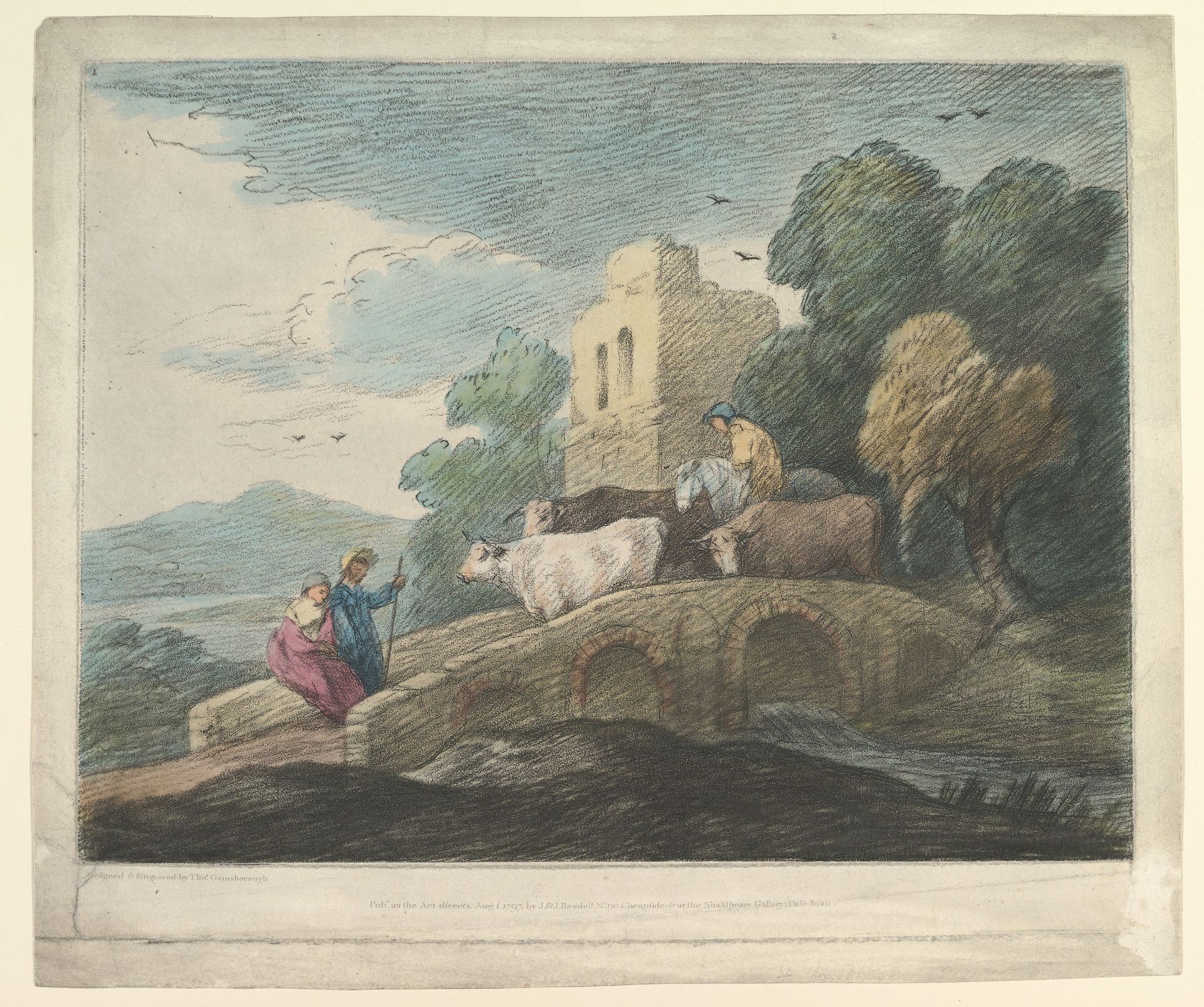 Wooded Landscape with Herdsmen Driving Cattle over a Bridge, Rustic Lovers and Ruined Castle by Thomas Gainsborough