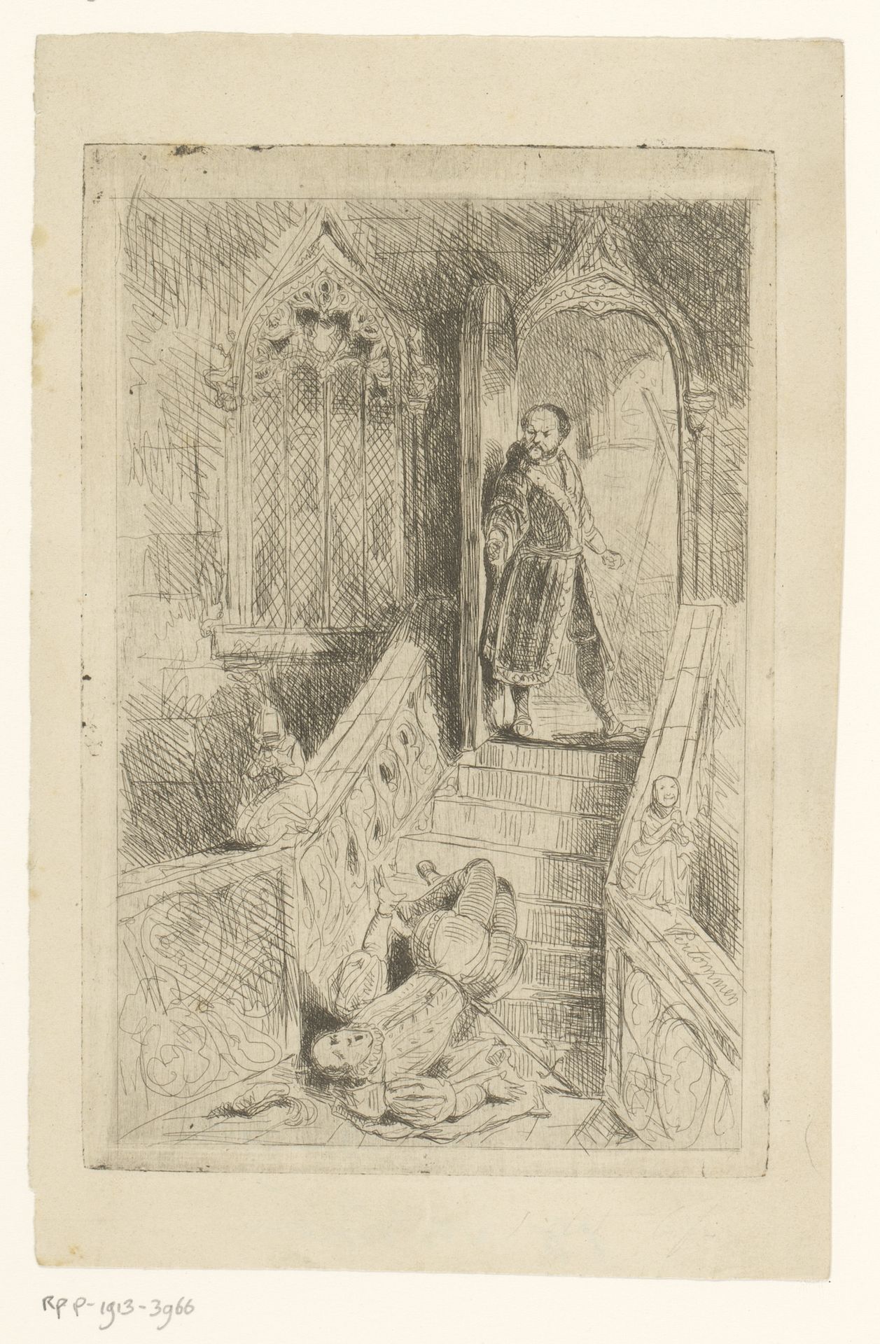 Erasmus bovenaan een trap met onderaan een gevallen man by Guillaume Joseph Vertommen