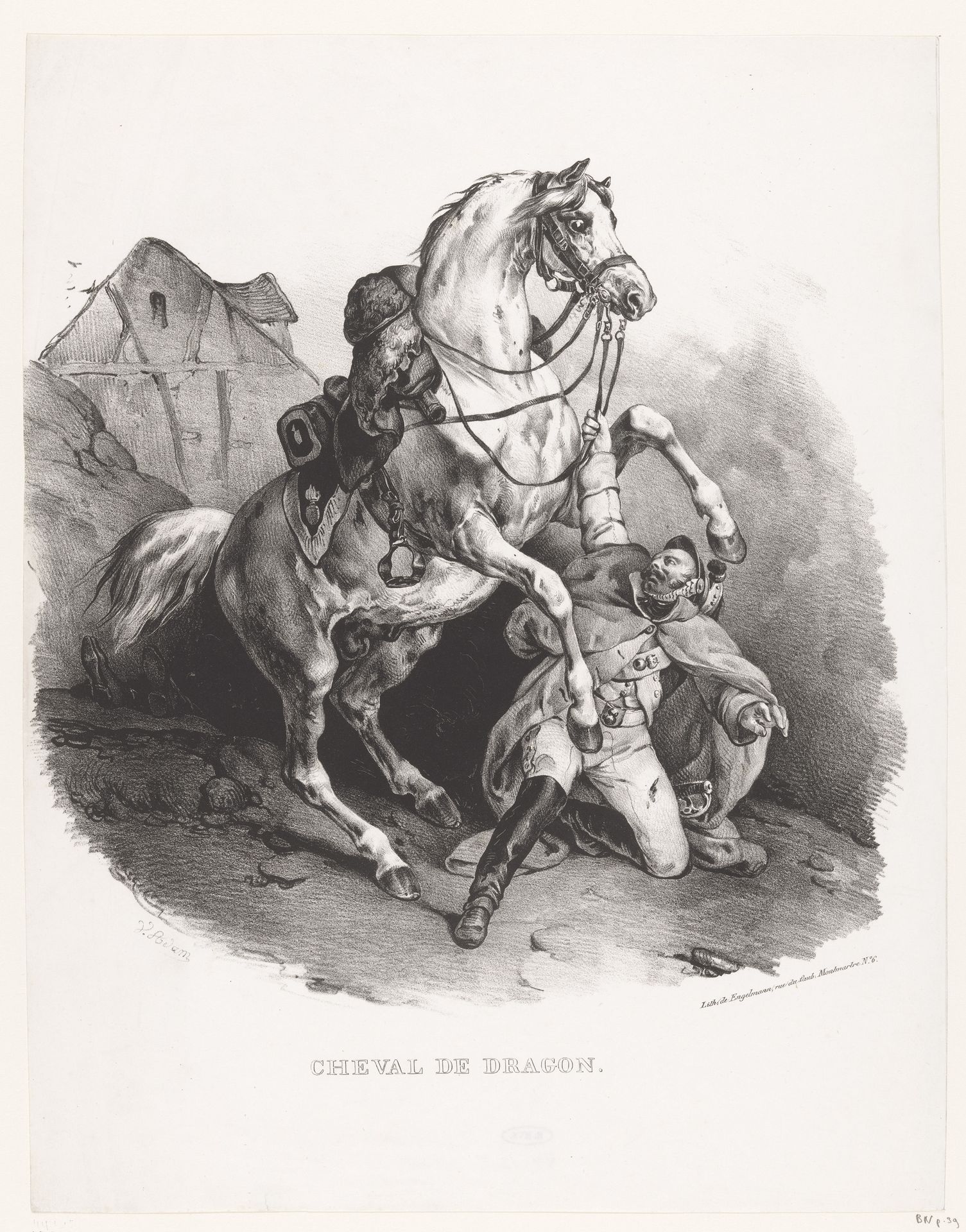 Geknielde dragonder met paard by Victor Adam