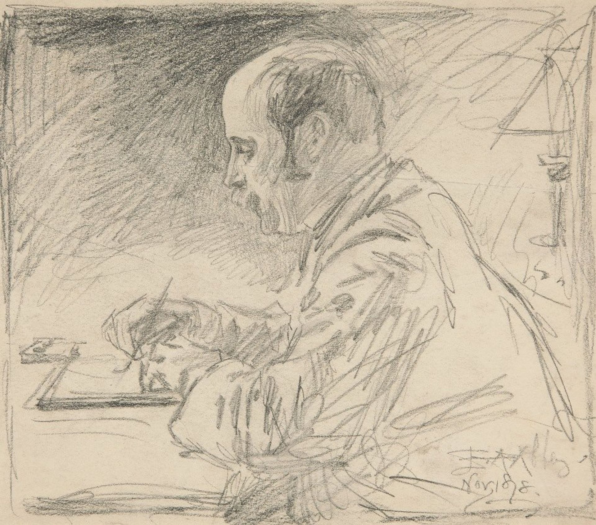 Portrait of a man, left profile, writing at desk by Edwin Austin Abbey