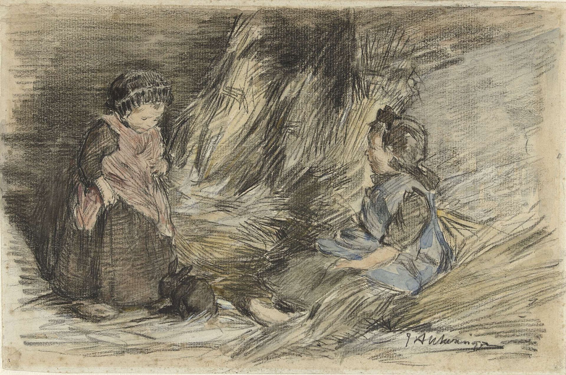 Twee meisjes in het hooi met een konijn by Johannes Evert Akkeringa