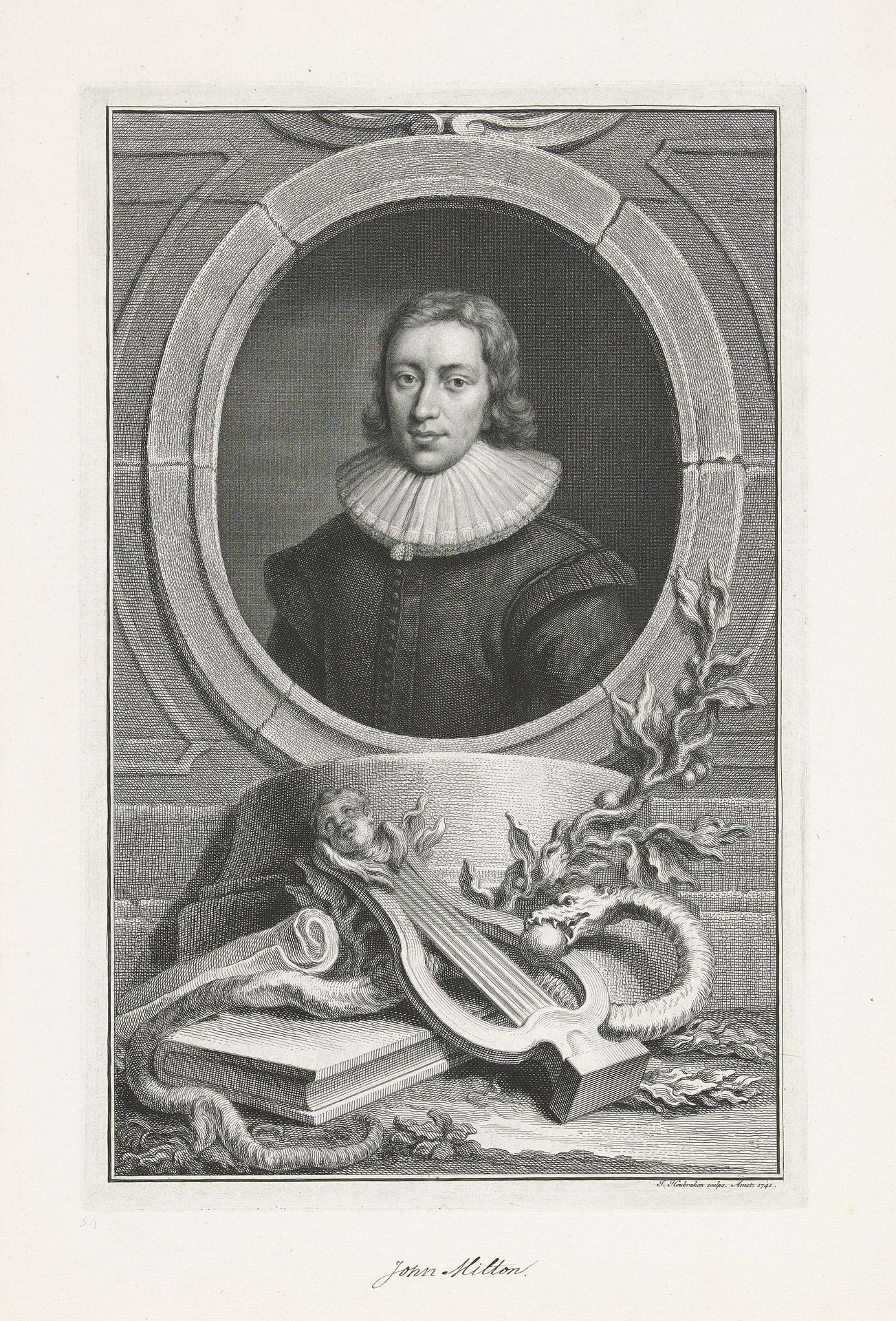 Portret van John Milton by Jacob Houbraken