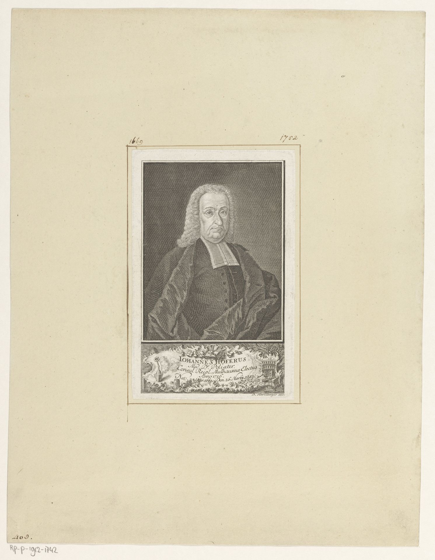 Portret van Johann Hofer by David Herrliberger