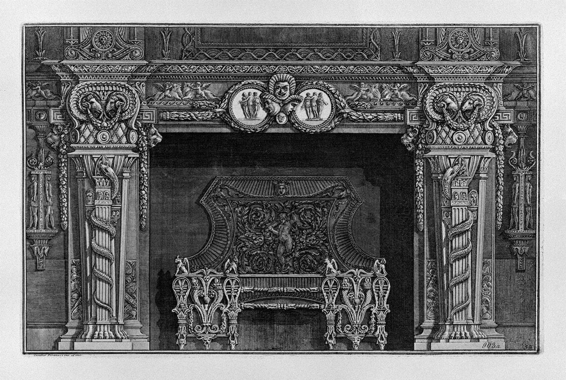Fireplace: stage three masks in the frieze between two medallions with the Graces, in the interior, full wing by Giovanni Battista Piranesi