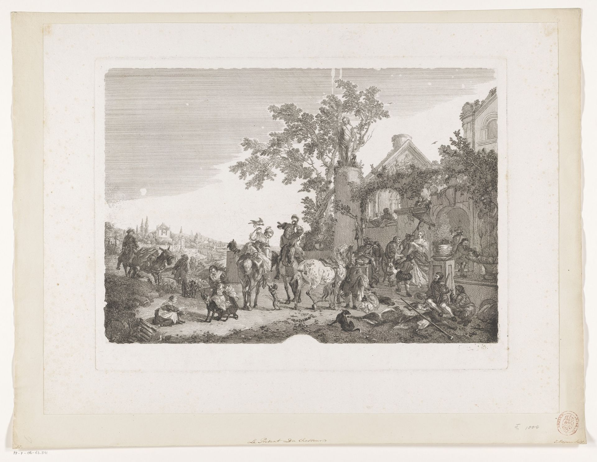 Terugkerend jachtgezelschap voor een huis by Jean Moyreau