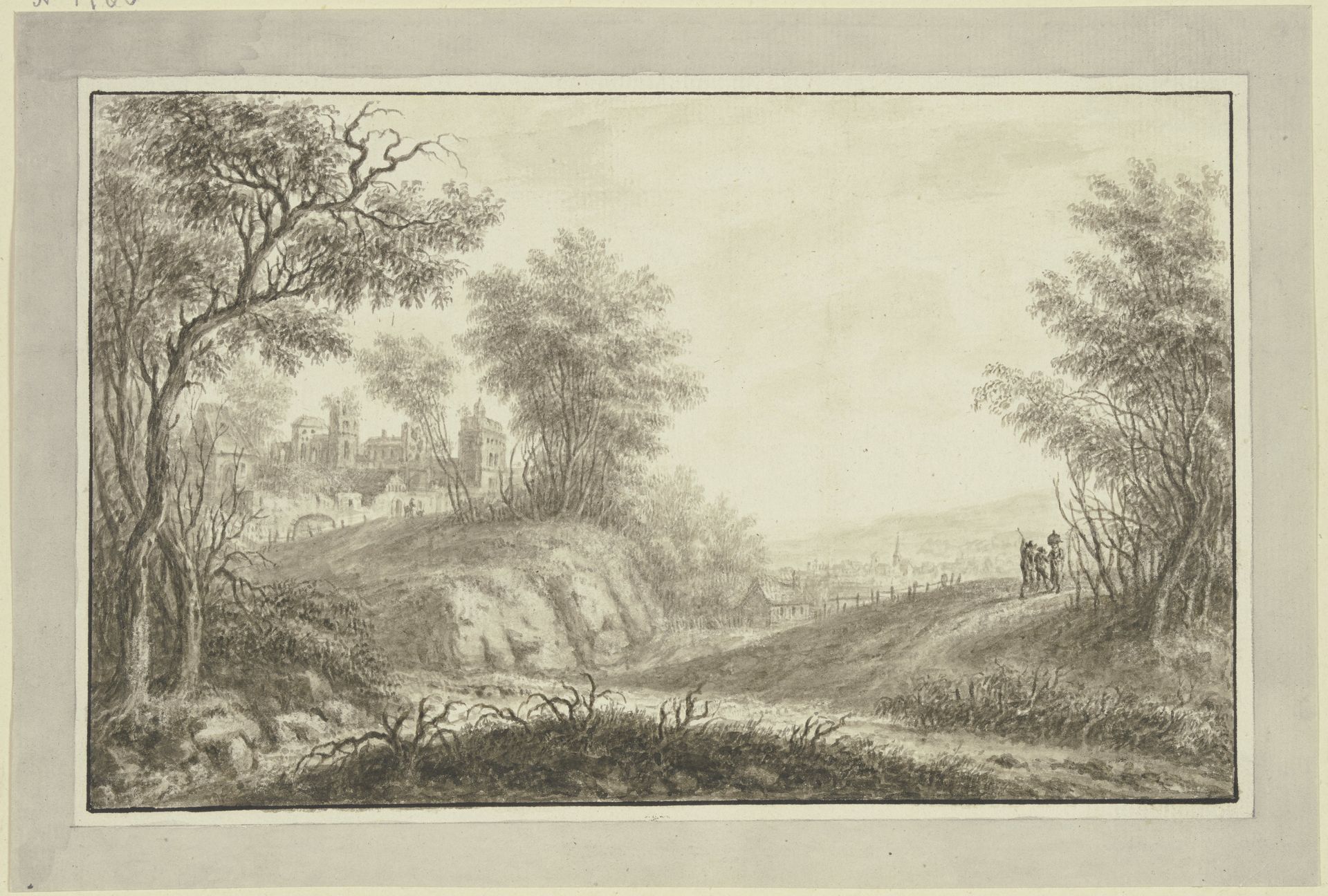 Waldweg, links Durchblick auf eine Schloßruine, rechts in der Ferne ein Städtchen by Johann Caspar Zehender