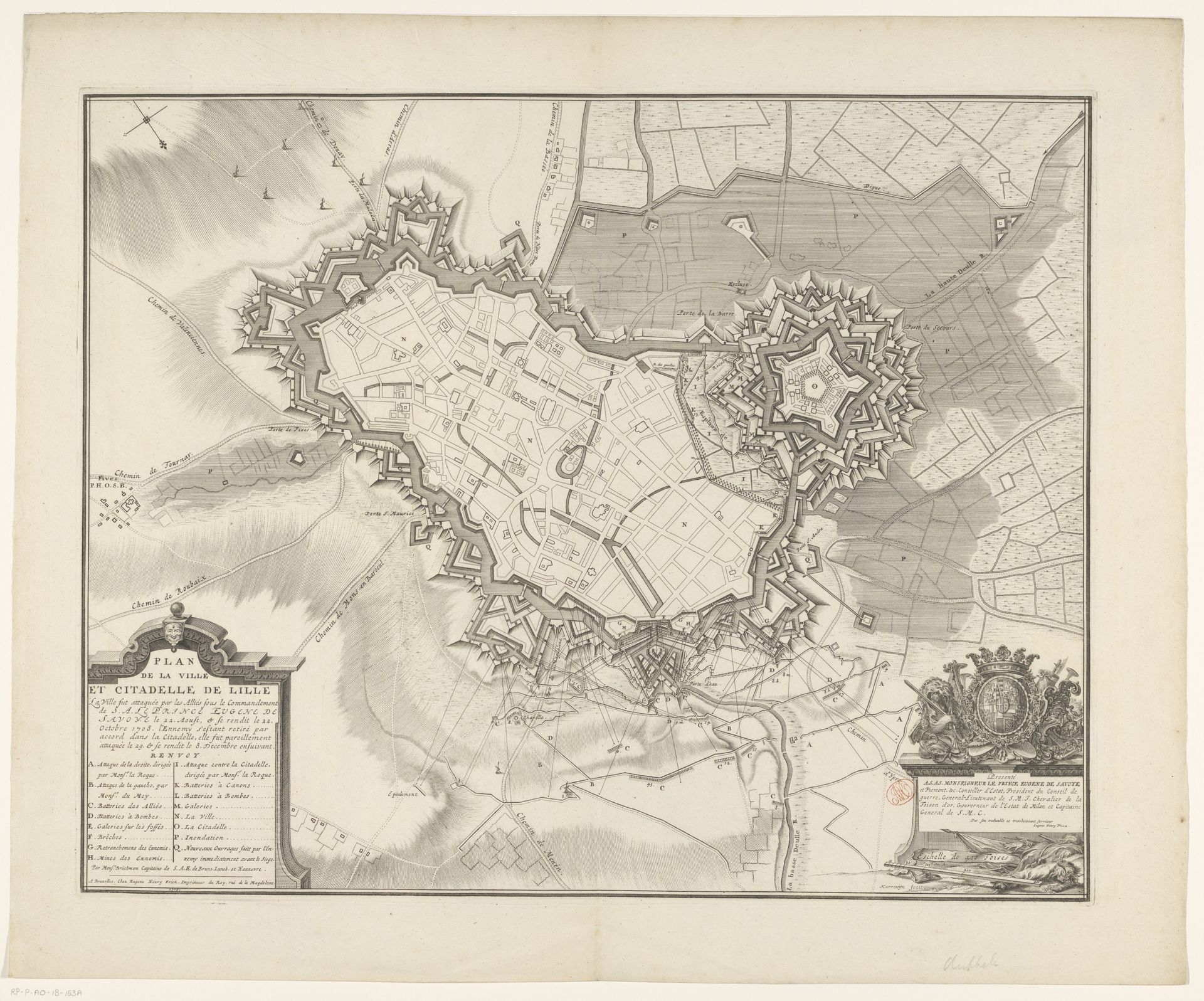 Plattegrond van de versterkingen van Rijsel en de citadel, 1708 by Jacobus Harrewijn