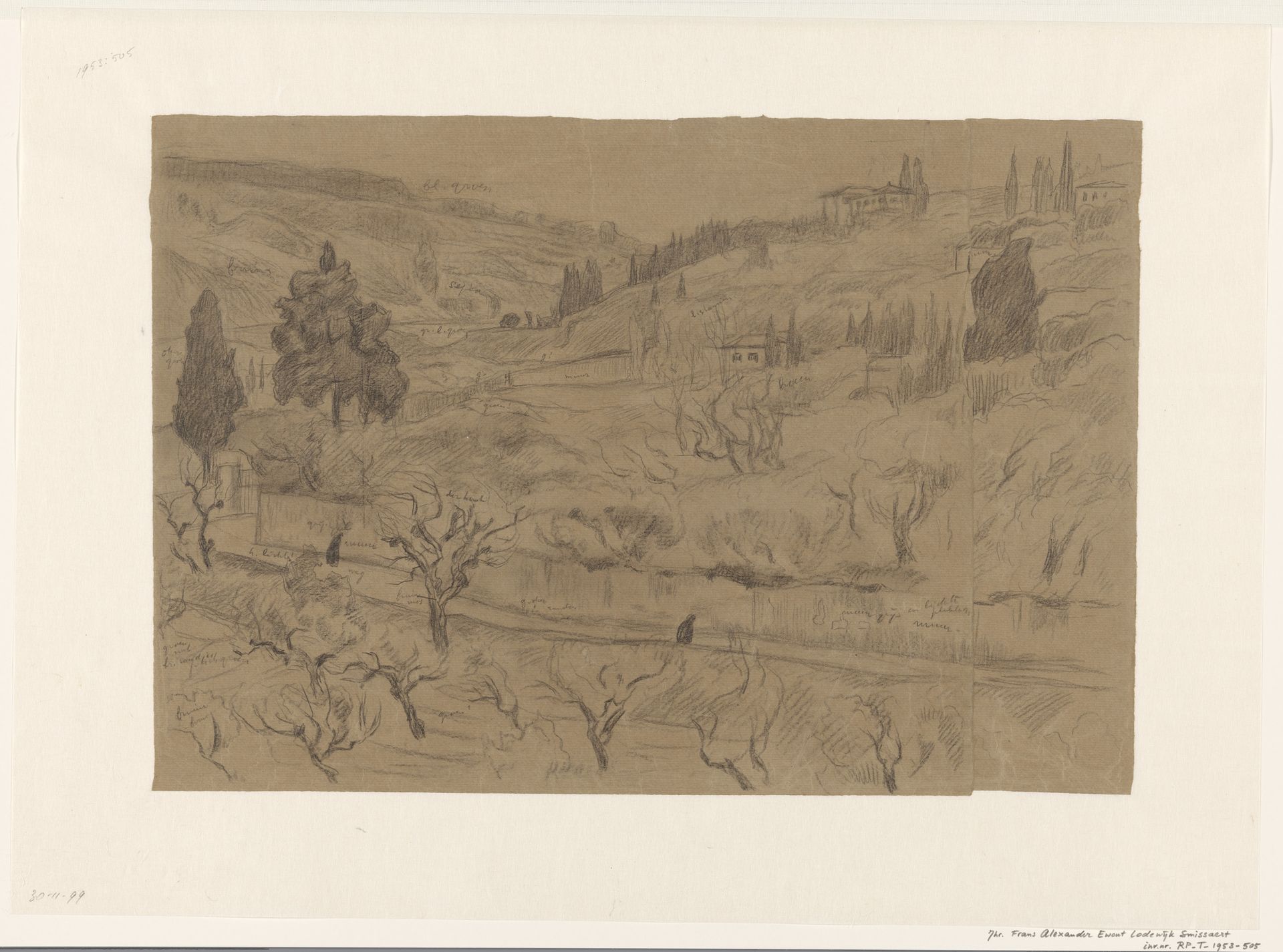 Italiaans heuvellandschap met huizen en bomen by Frans Smissaert