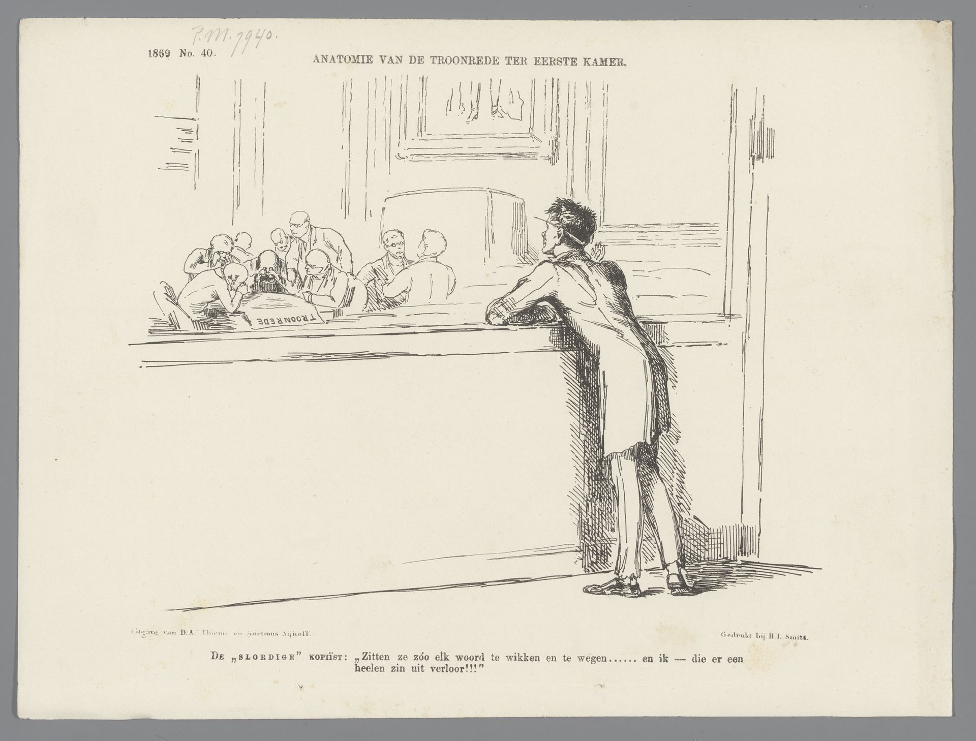 Spotprent op de controle van de tekst van de troonrede, 1869 by Johan Michaël Schmidt Crans
