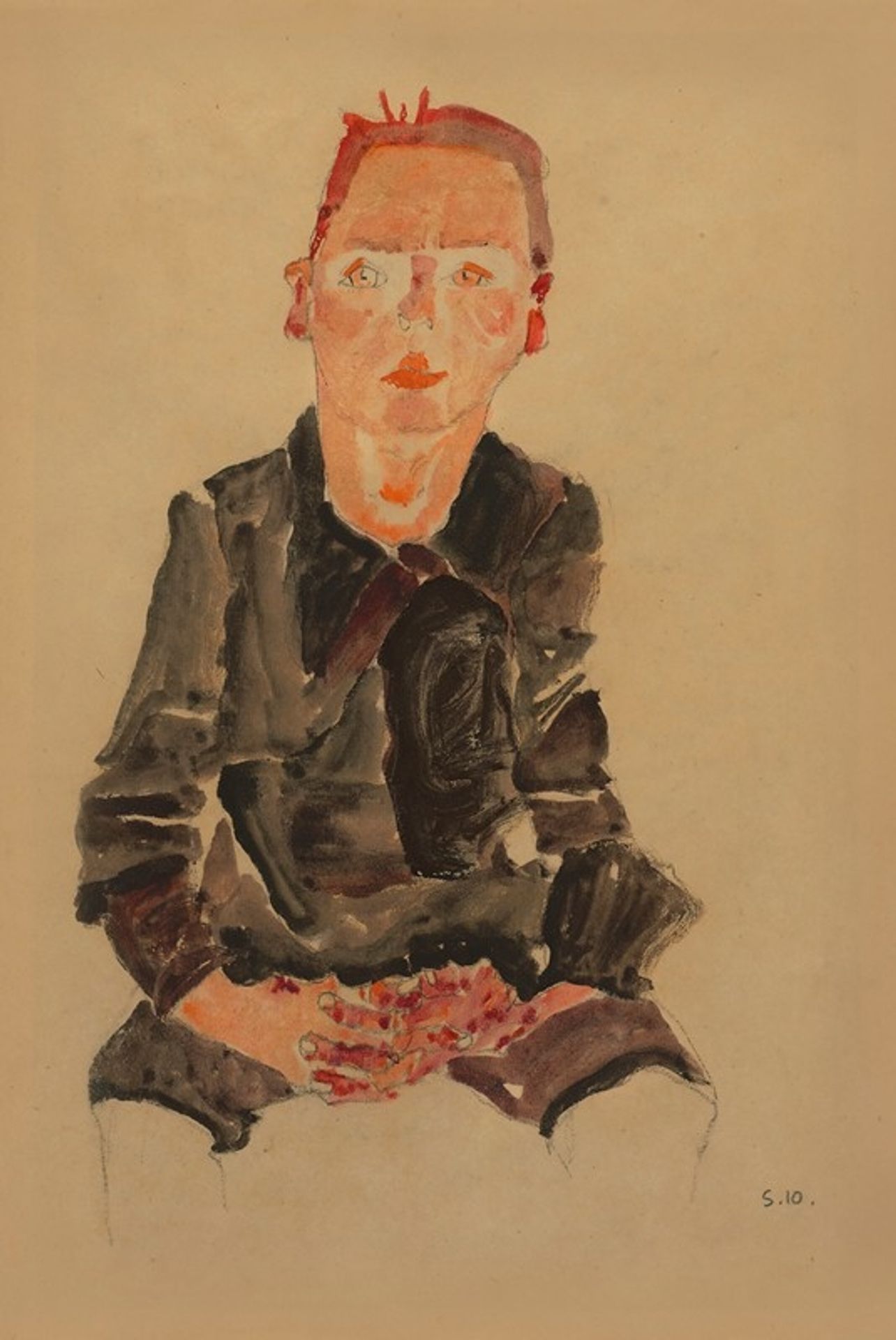 Sitzender Bub mit gefalteten Händen by Egon Schiele