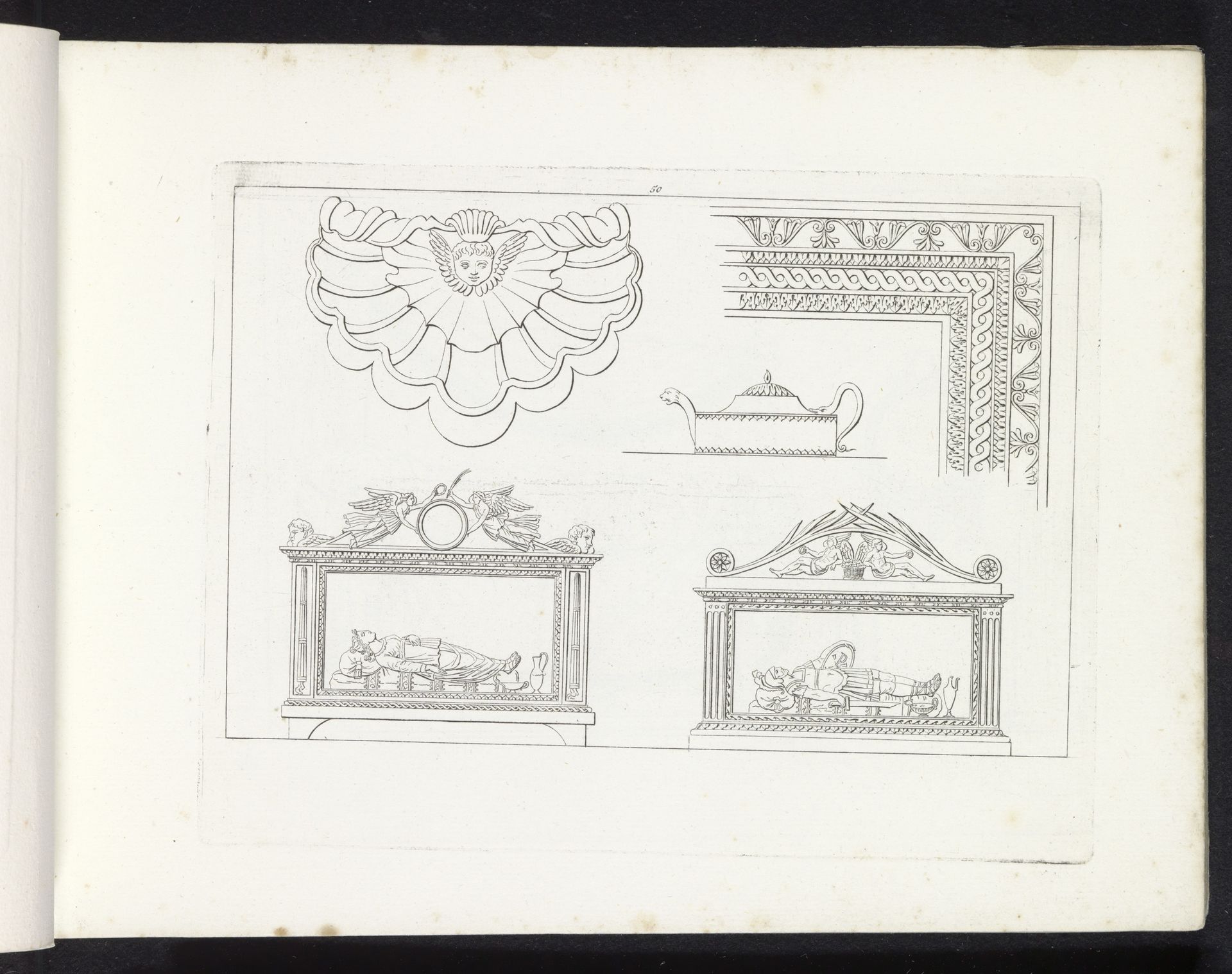 Twee grafmonumenten, een schelpornament, een theepot en een ornamentele rand by Pietro Ruga