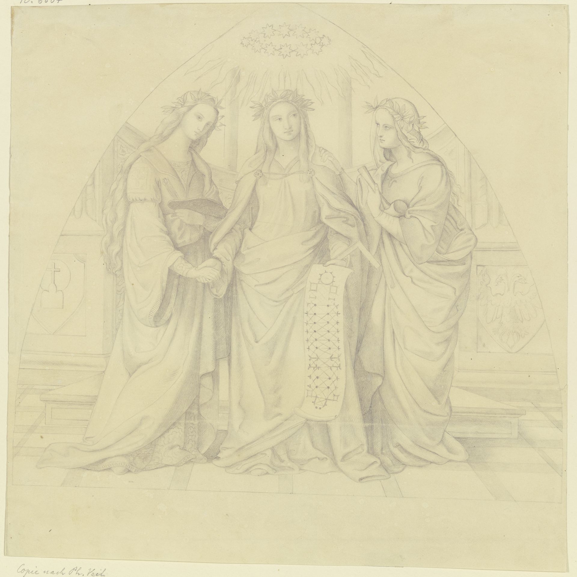Allegorien der Malerei, Architektur und Bildhauerkunst (Motiv der alten Fahne des Städelschen Kunstinstituts) by Carl Jung