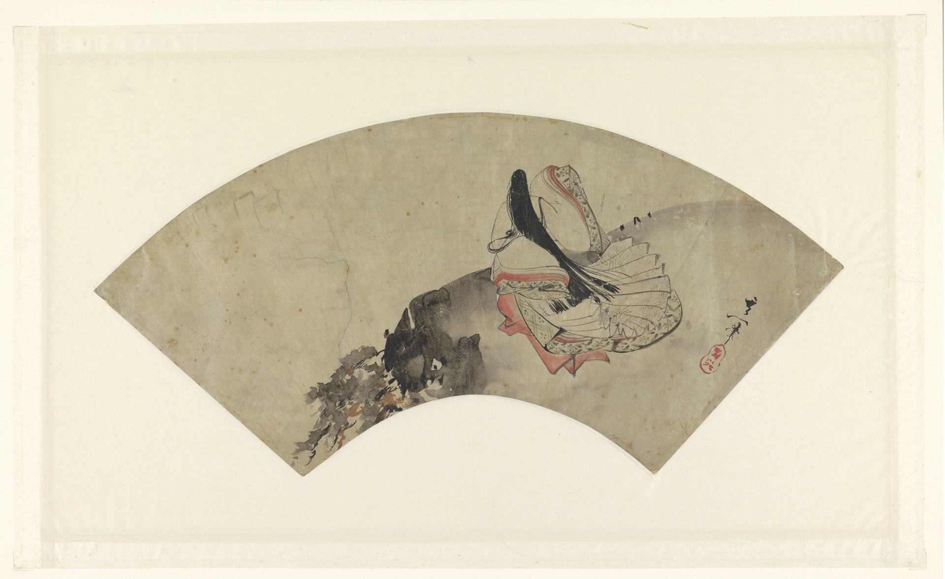 Waaierblad met een dichteres op een berg by Suzuki Kiitsu 鈴木基一