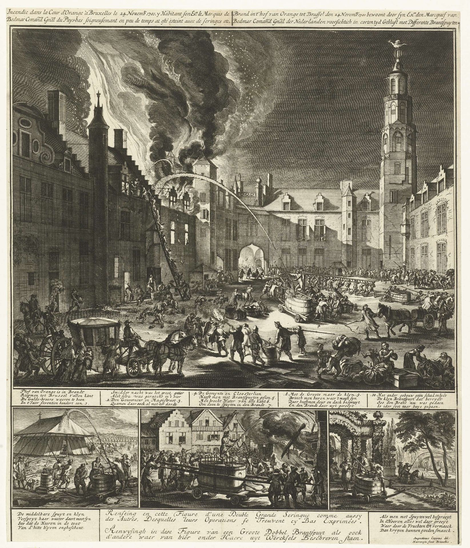 Blussen van de brand in het Hof van Oranje te Brussel, 1701 by Jacobus Harrewijn