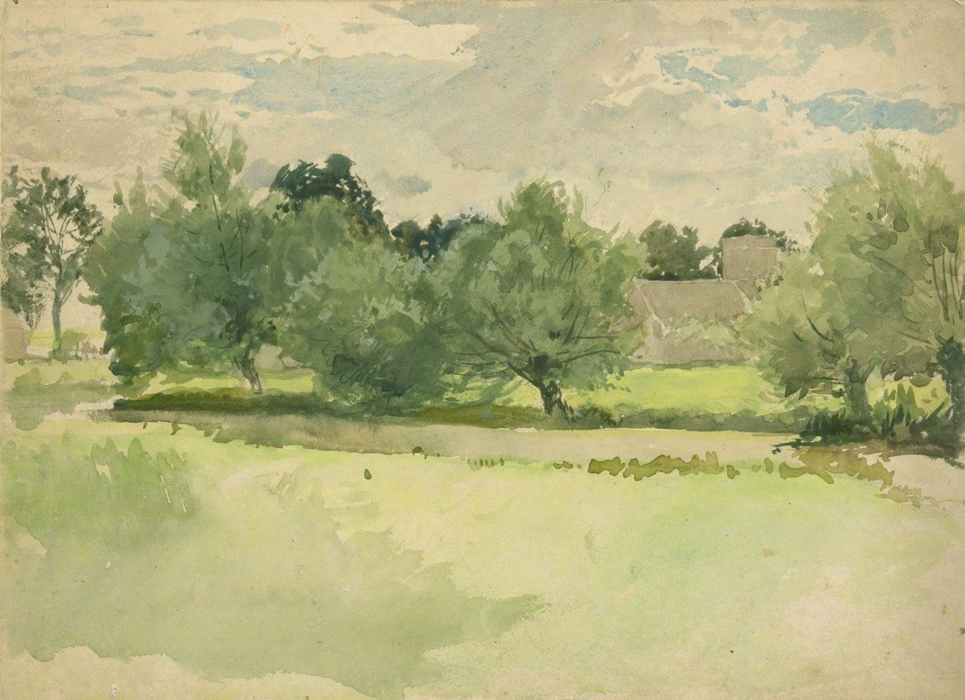 Landscape; Meadow. Church in background by Edwin Austin Abbey