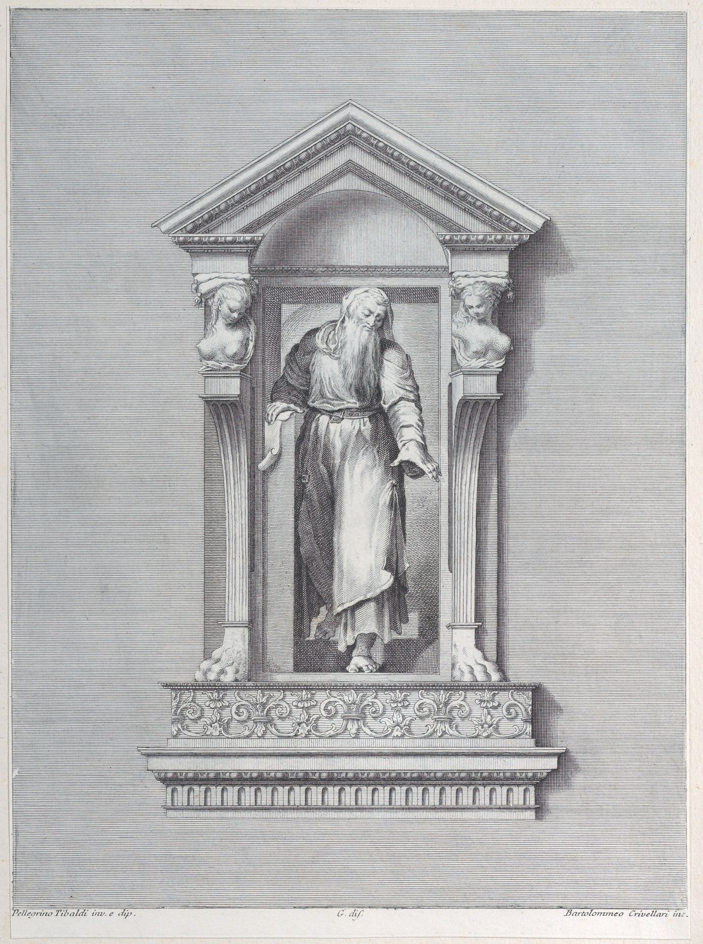 A standing man in a niche reaching forward with one arm by Bartolomeo Crivellari