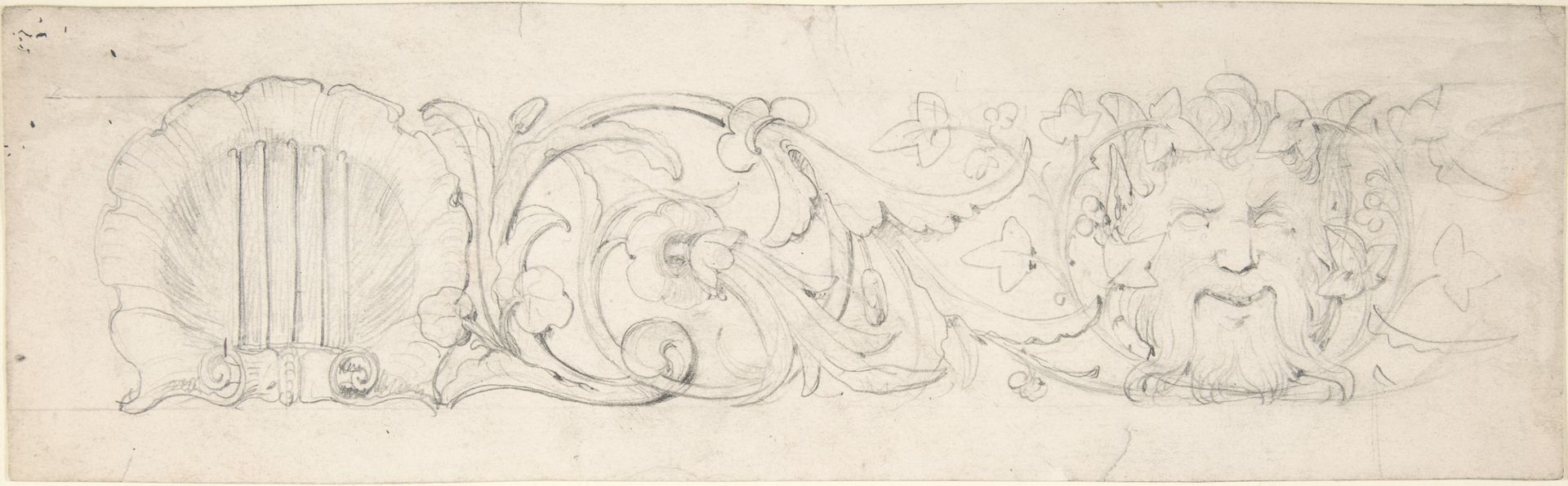 Design for Ornamental Frieze with Shell, Foliage and Satyr's Head (recto); Figural Studies (verso) by William Pitts