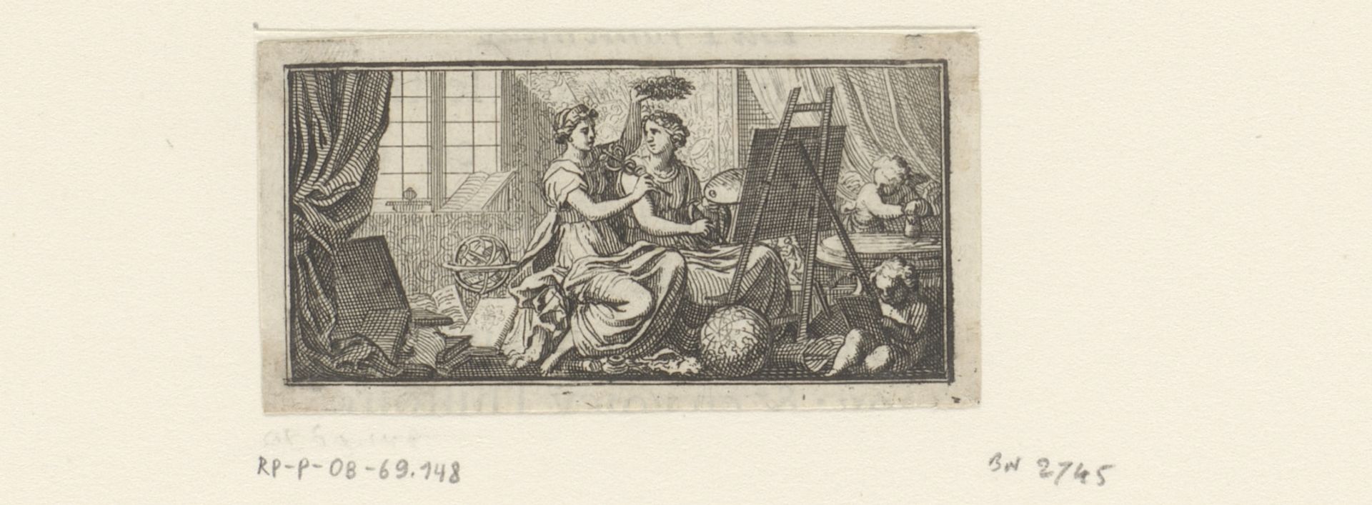 Vignet met Dichtkunst die Schilderkunst lauwerkrans opzet by Sébastien Leclerc I