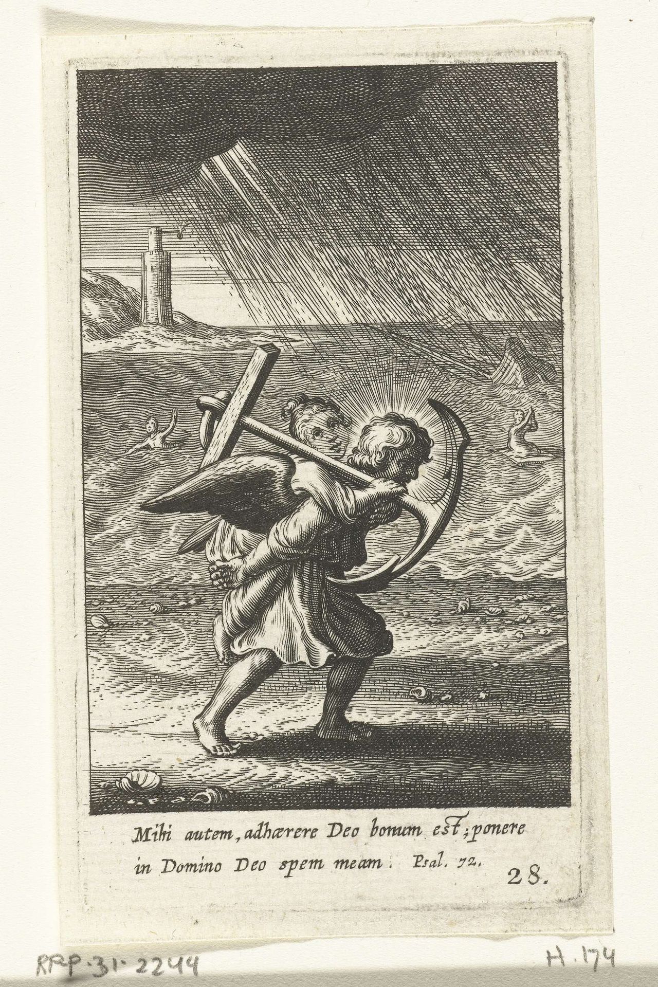 Engel draagt kind met anker op zijn rug by Boëtius Adamsz. Bolswert