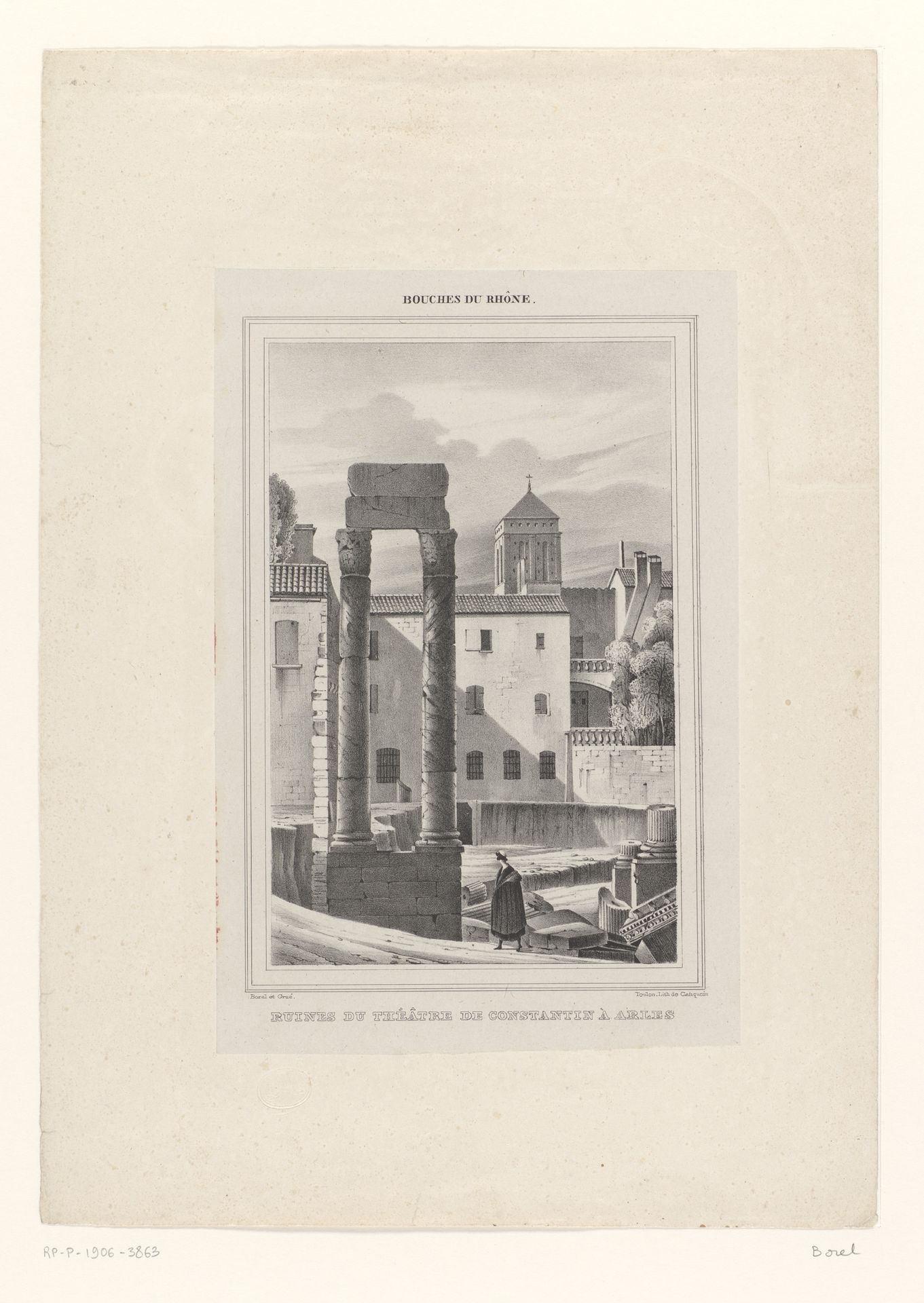 Zicht op de ruïnes van het antieke theater in Arles by Borel et Grué