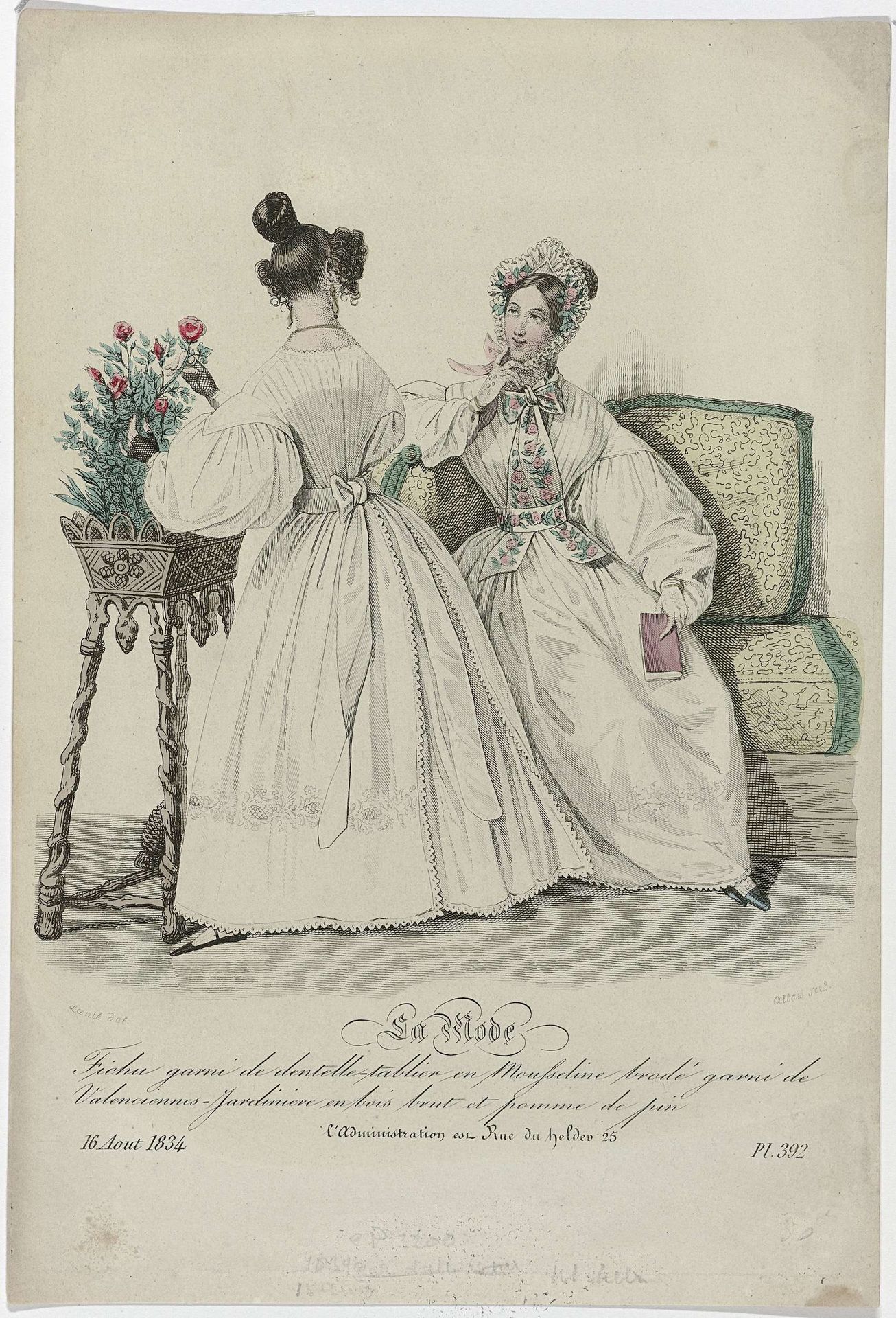 La Mode, 16 août 1834, Pl. 392 : Fichu garni de dentelle-tablier (...) by Jean Alexandre Allais