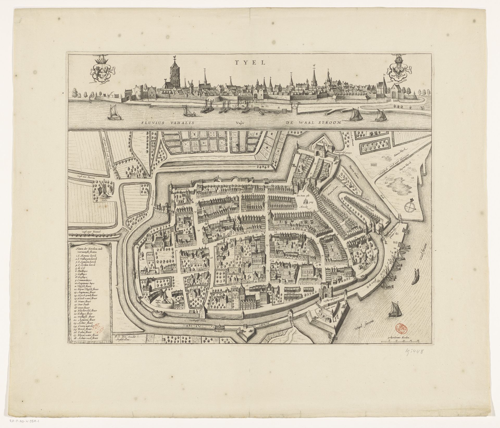 Plattegrond van Tiel met stadsgezicht by Anonymous