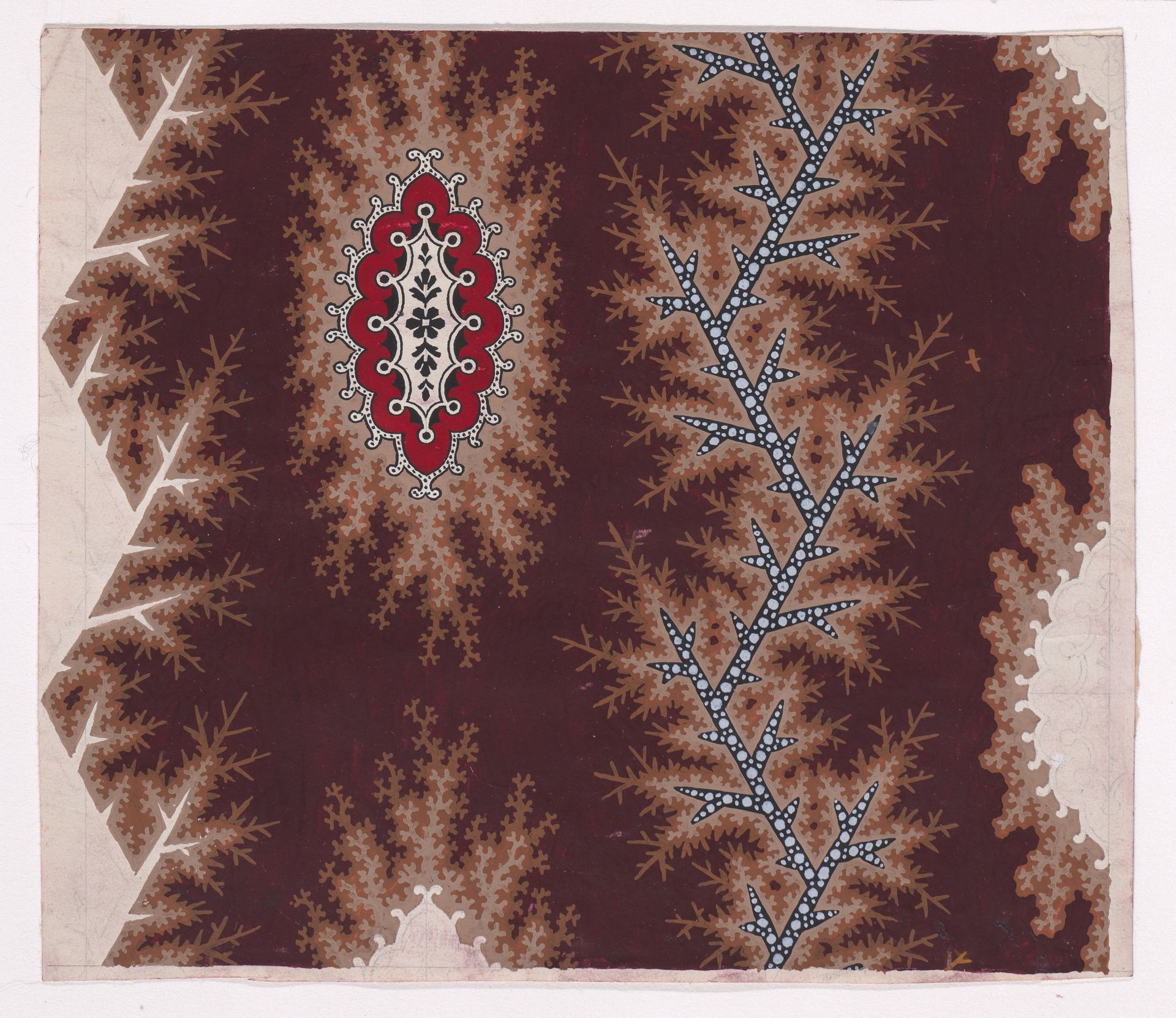 Textile Design with Alternating Vertical Strips of Stiff Branches and Rosettes with Flanks over Ornamental Frames by Anonymous