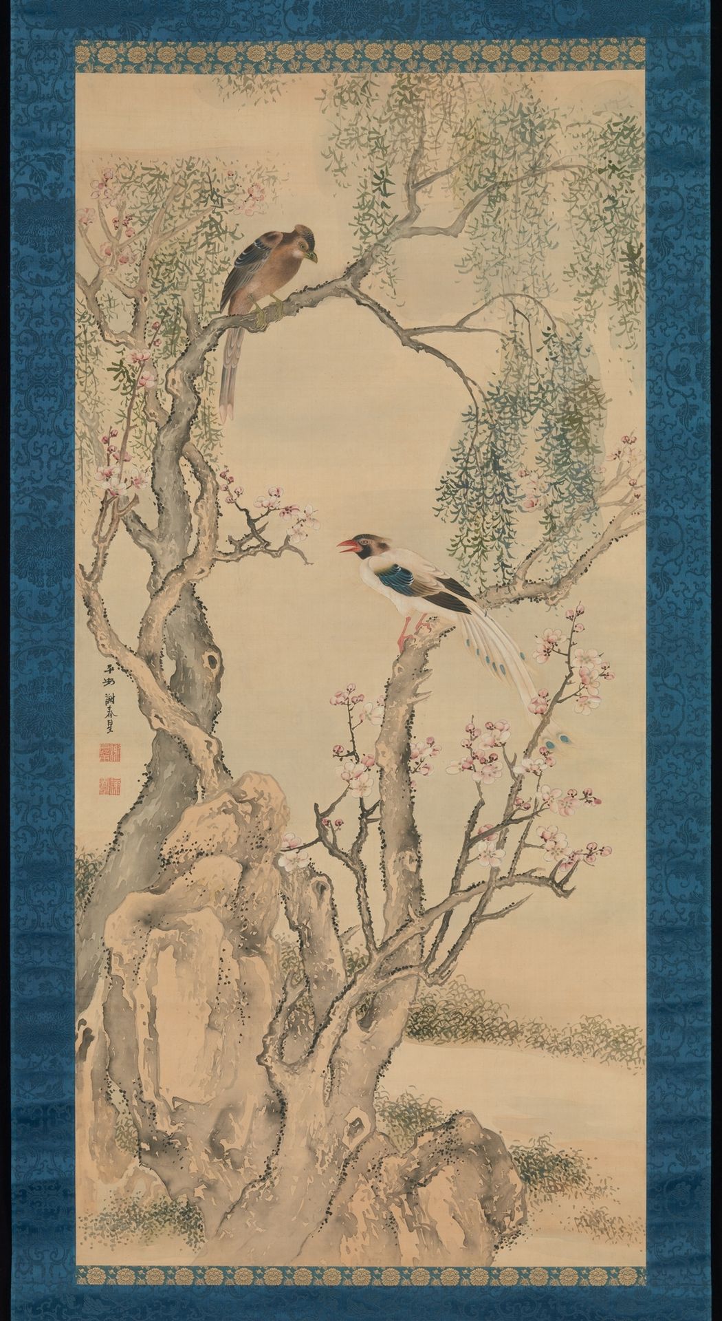 Birds in Willows and Blossoming Peach Tree by Yosa Buson