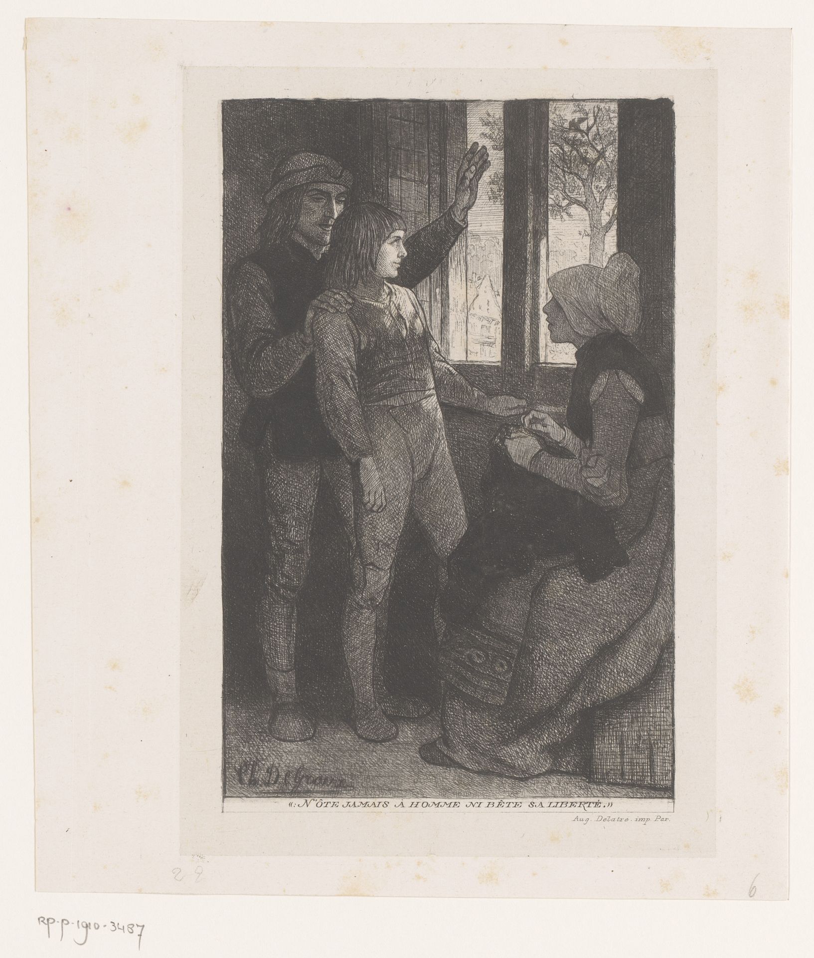Ouders met hun zoon aan het raam wijzen hem op een opvliegende vogel by Charles De Groux