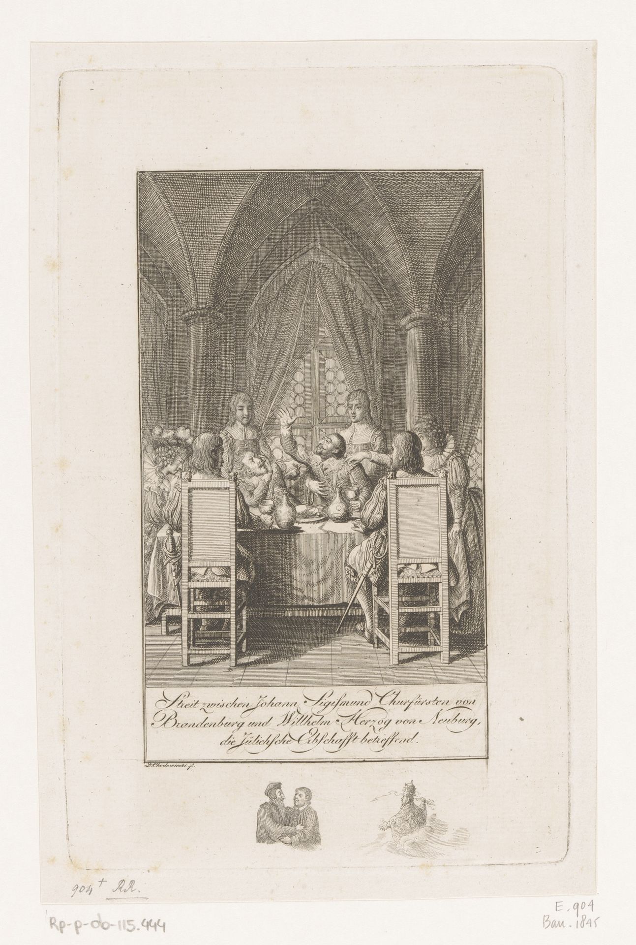 Johann Sigismund en Wolfgang Wilhelm in conflict aan tafel by Daniel Nikolaus Chodowiecki