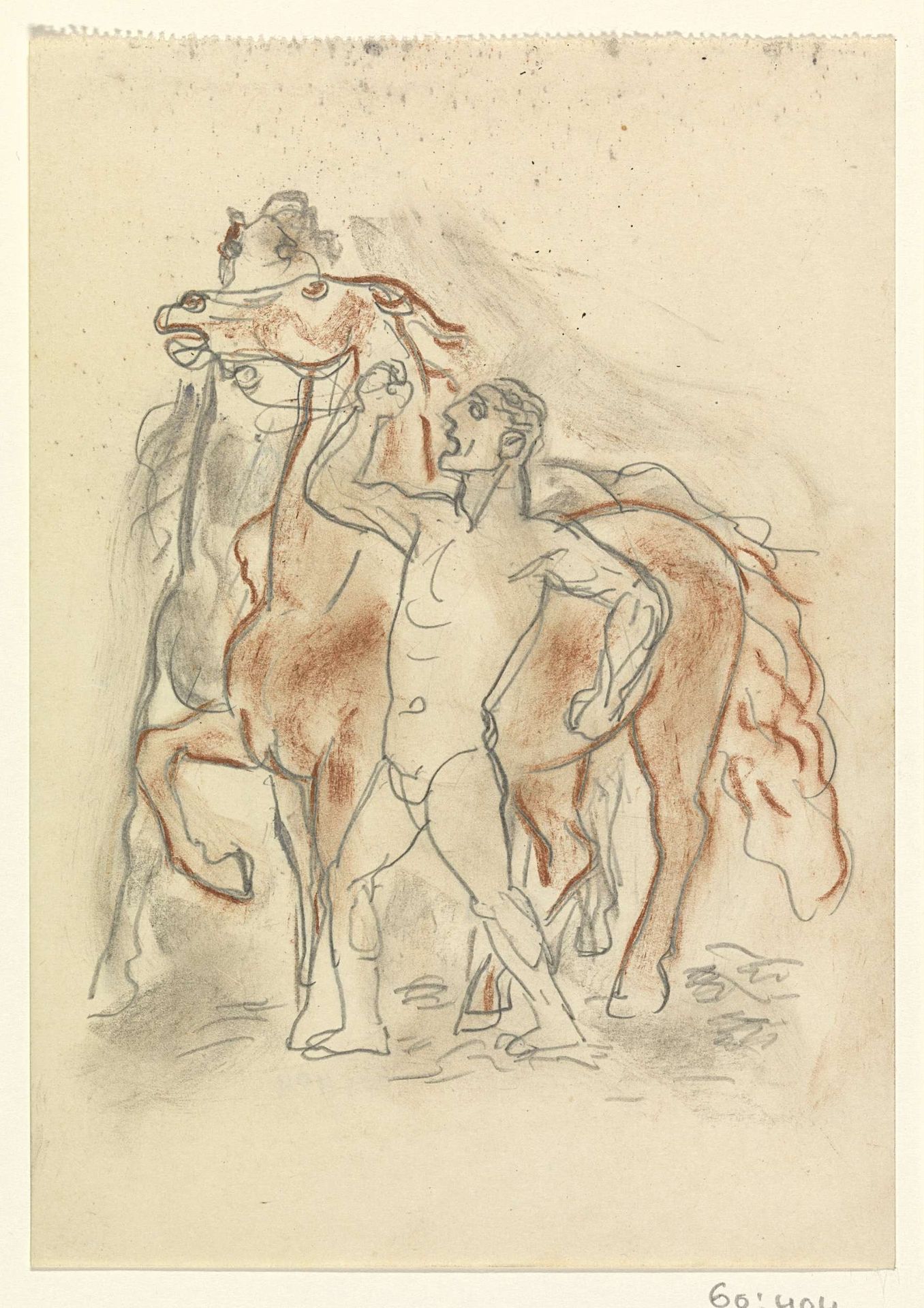 Naakte man houdt twee paarden in bedwang by Leo Gestel