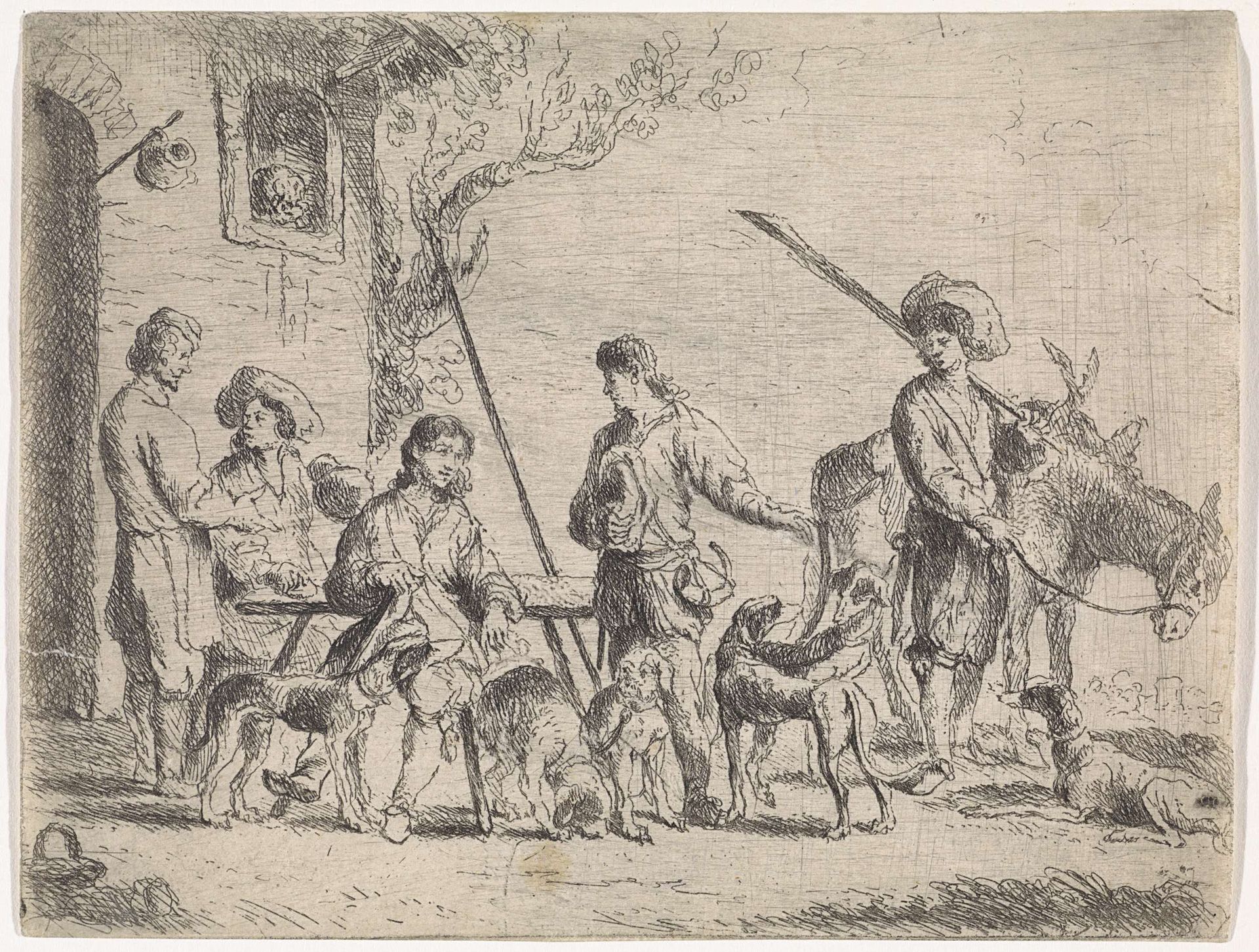 Jagers voor een herberg by Cornelis de Wael