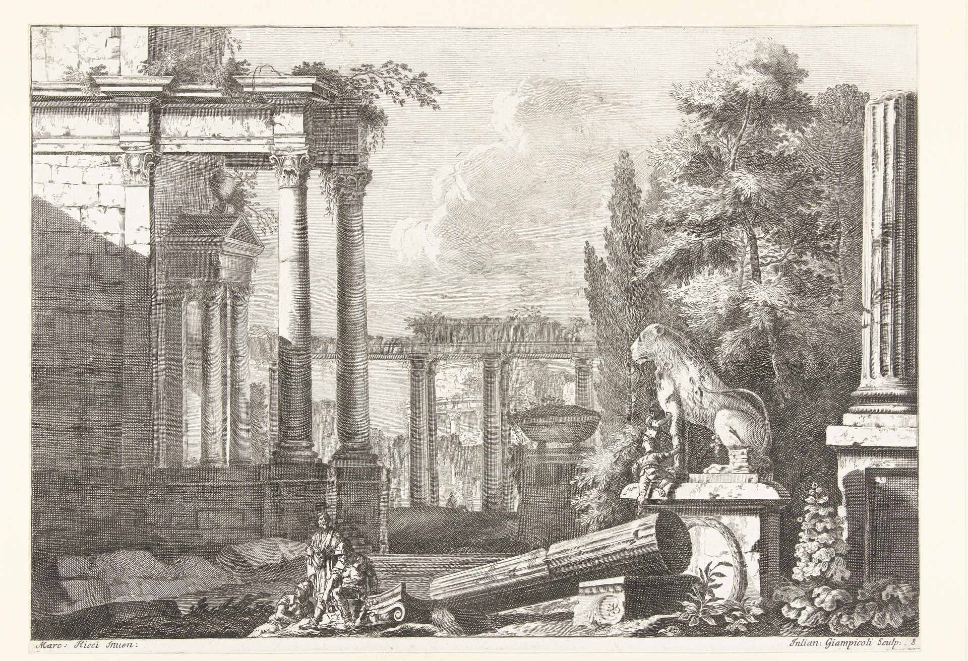 Landschap met antieke ruïnes en monument met leeuw by Giuliano Giampiccoli