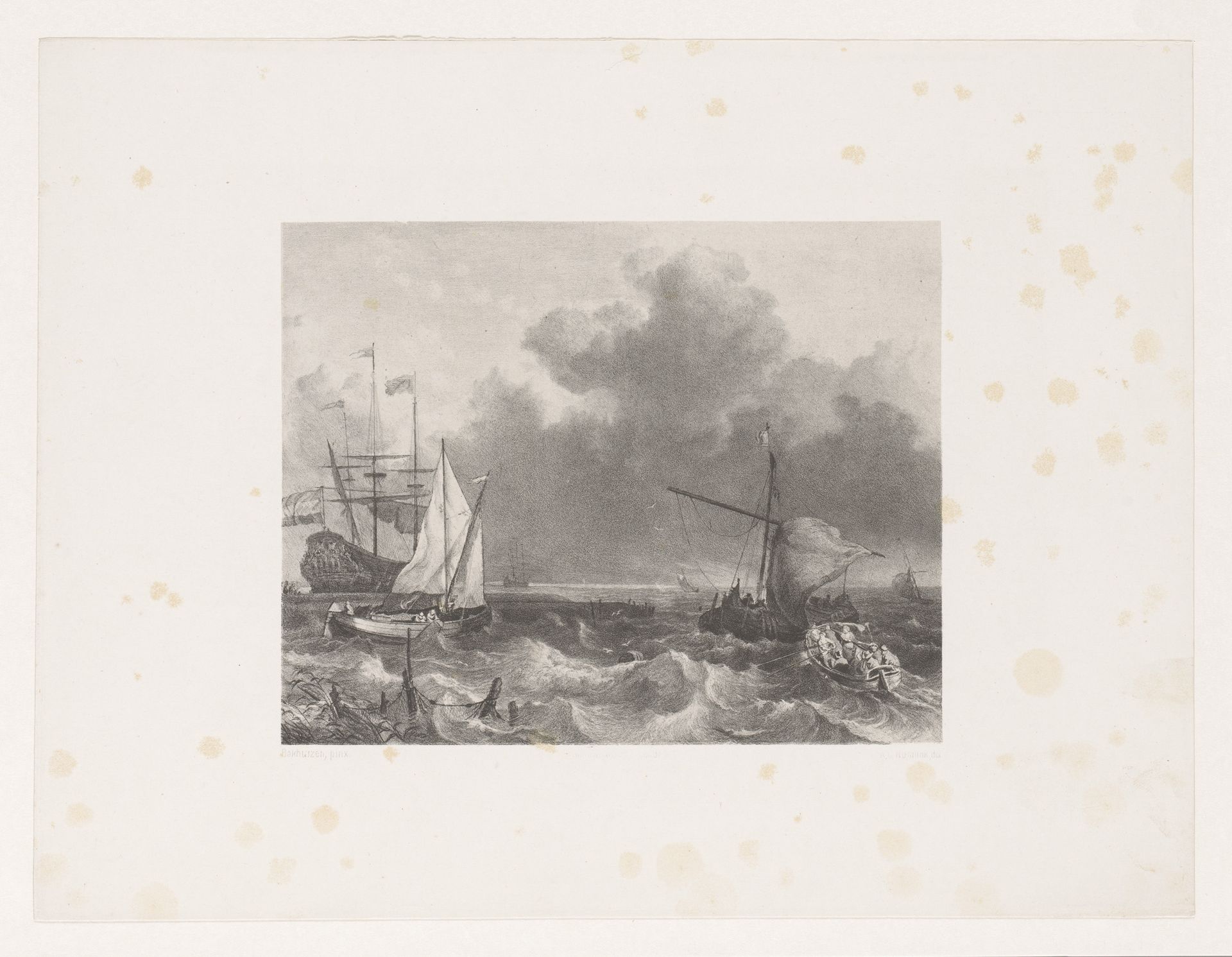 Schip en boten op zee by Adolf Carel Nunnink